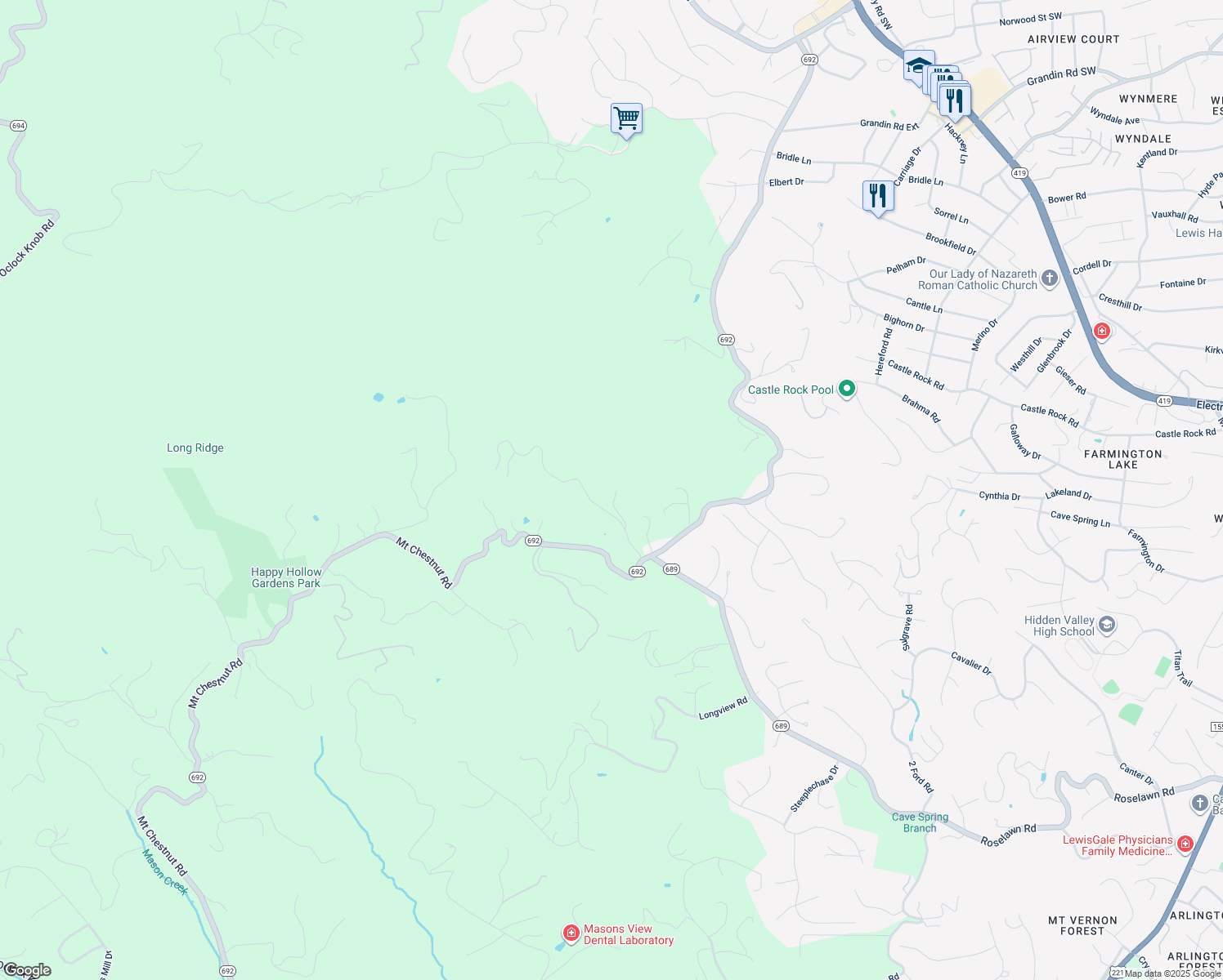 map of restaurants, bars, coffee shops, grocery stores, and more near 6111 Mount Chestnut Road in Roanoke