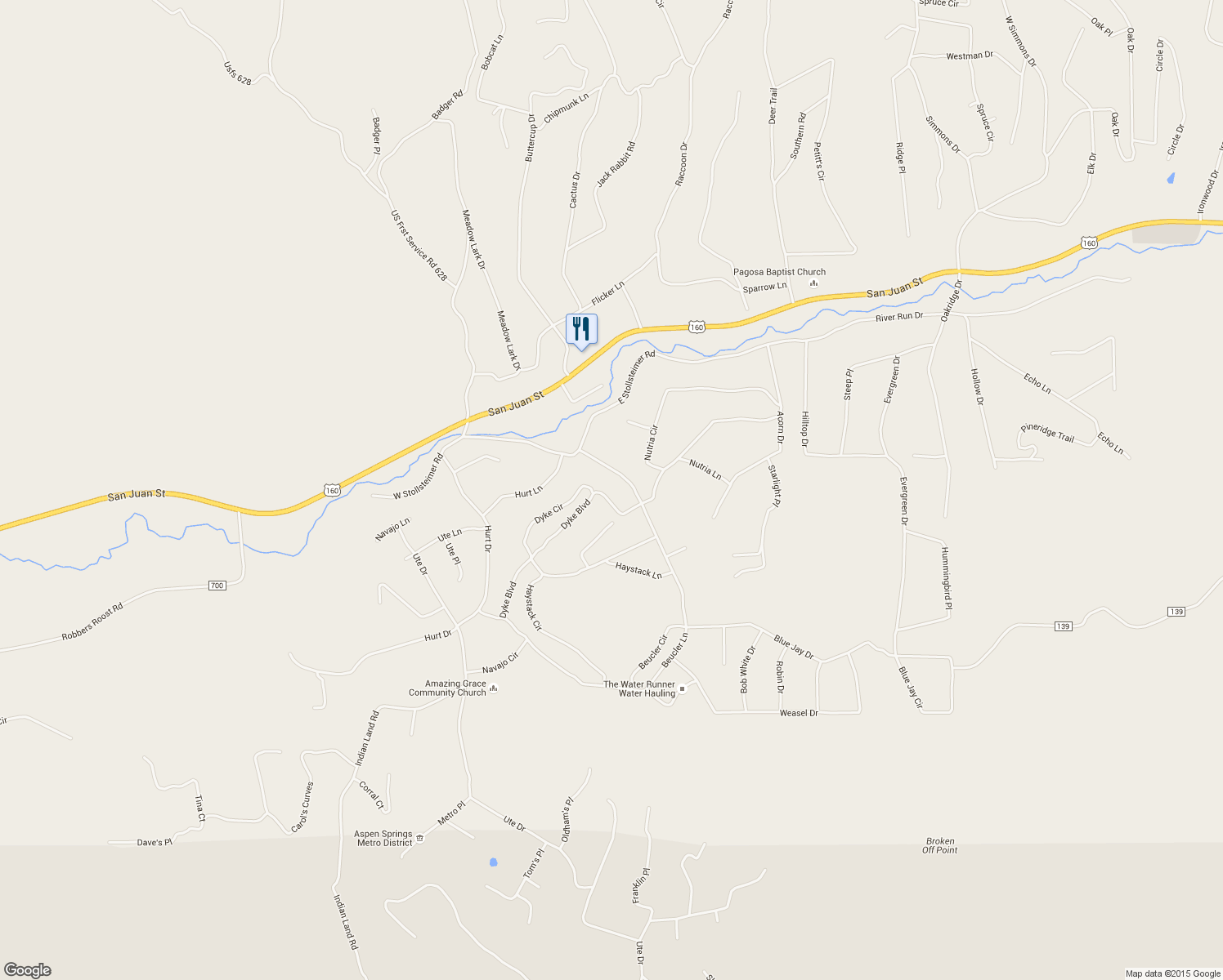 map of restaurants, bars, coffee shops, grocery stores, and more near 522 Dyke Boulevard in Pagosa Springs