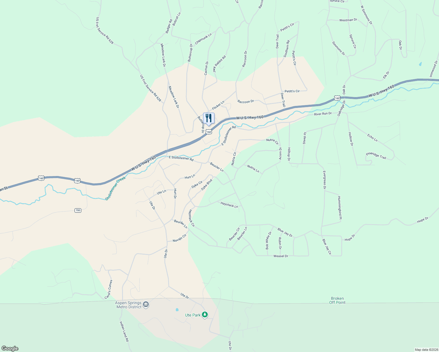 map of restaurants, bars, coffee shops, grocery stores, and more near 522 Dyke Blvd in Pagosa Springs