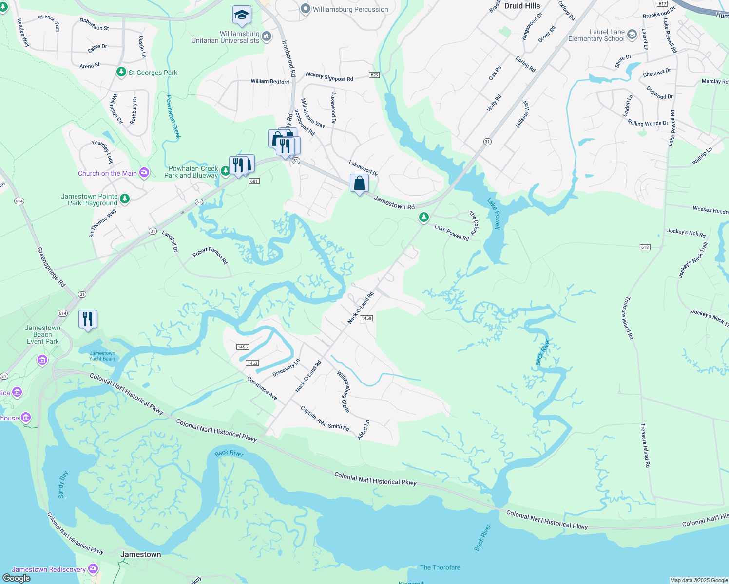 map of restaurants, bars, coffee shops, grocery stores, and more near 281 Neck-O-Land Rd in Williamsburg