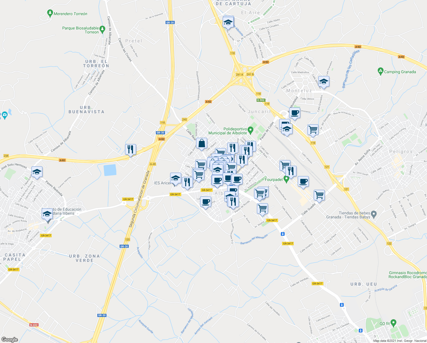 map of restaurants, bars, coffee shops, grocery stores, and more near 2 Calle Granada in Albolote