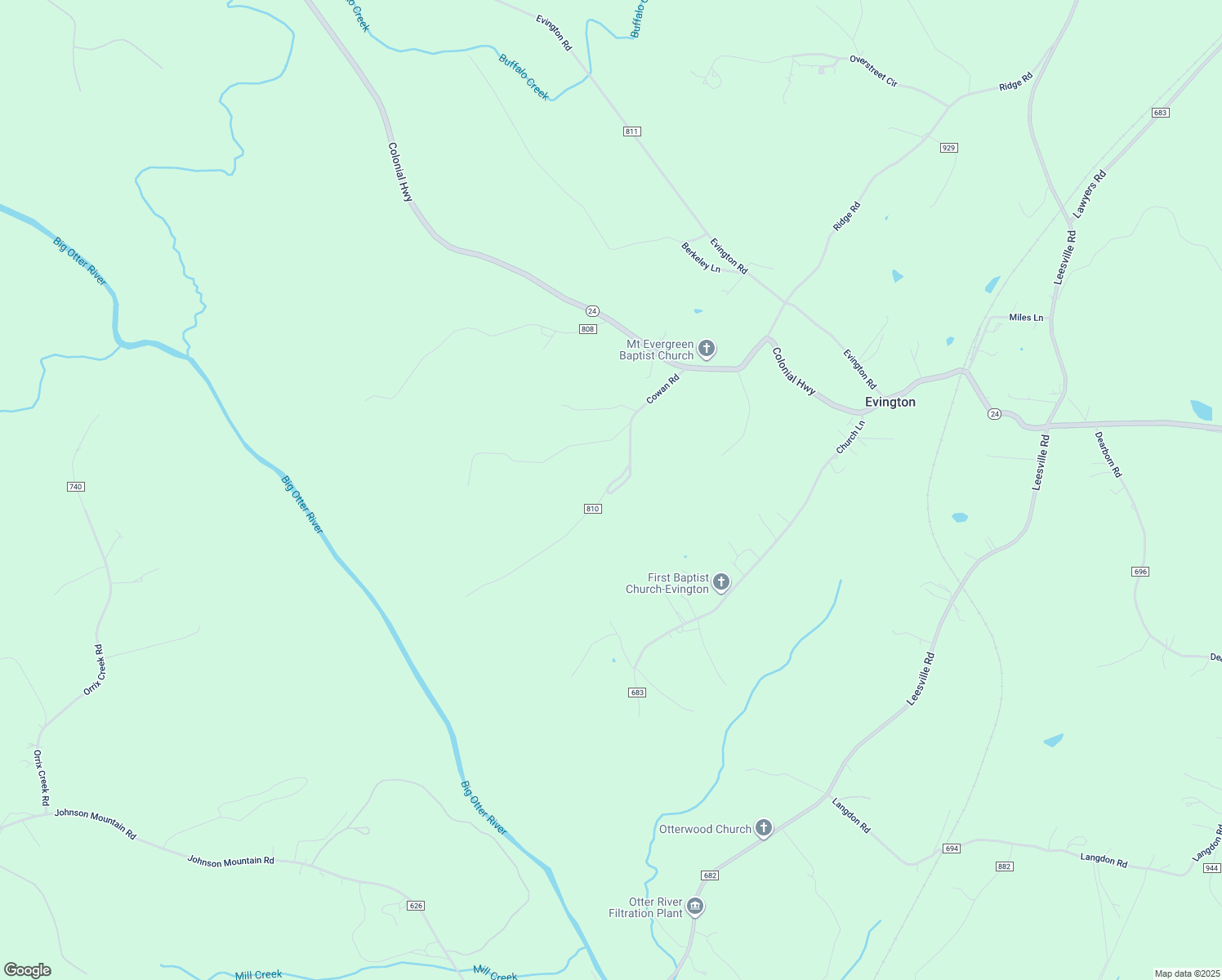 map of restaurants, bars, coffee shops, grocery stores, and more near 414 Cowan Road in Evington