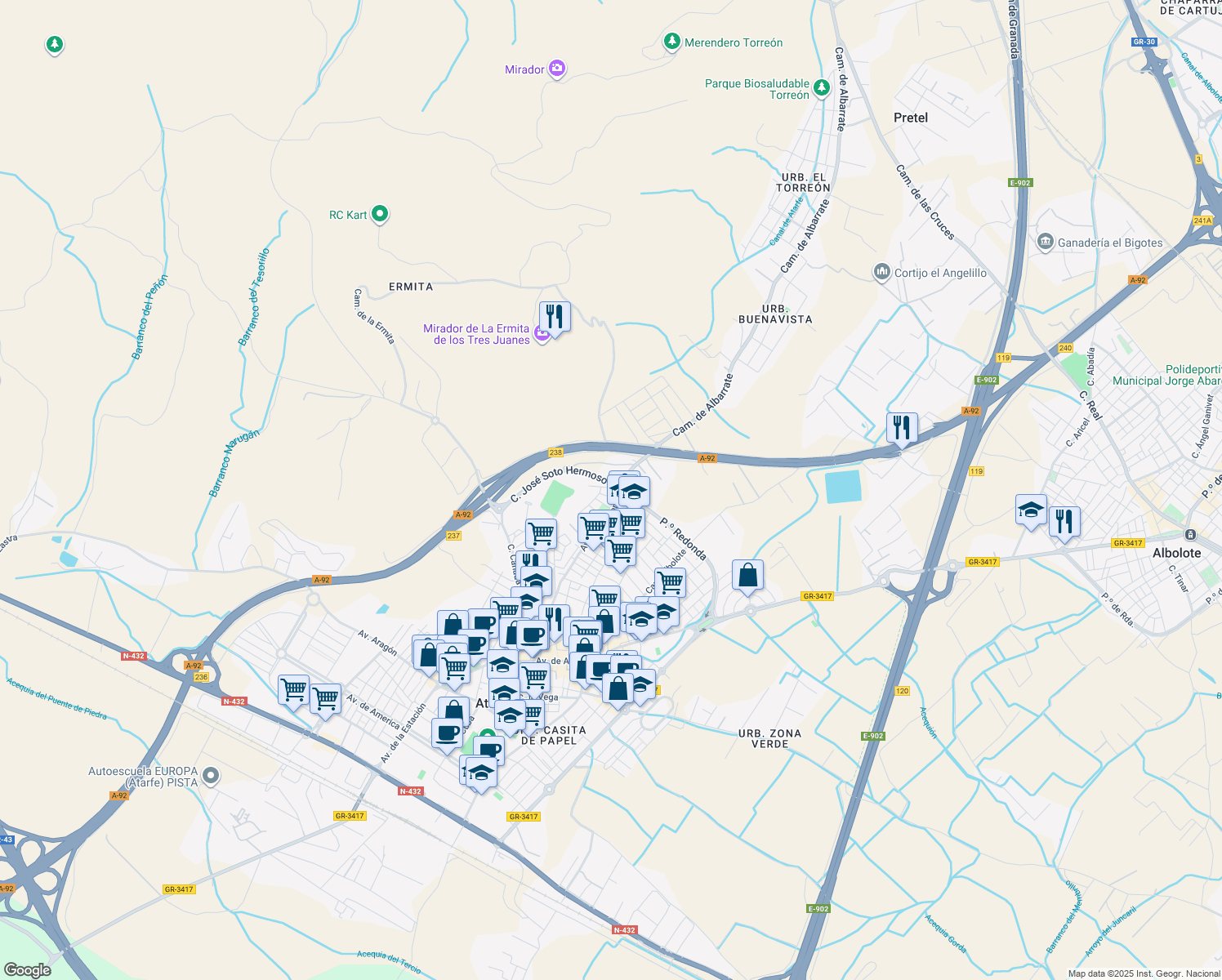 map of restaurants, bars, coffee shops, grocery stores, and more near 43 Paseo Redonda in Atarfe