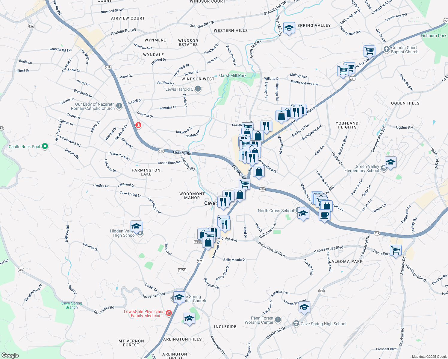 map of restaurants, bars, coffee shops, grocery stores, and more near 3256 Ledgewood Avenue in Cave Spring