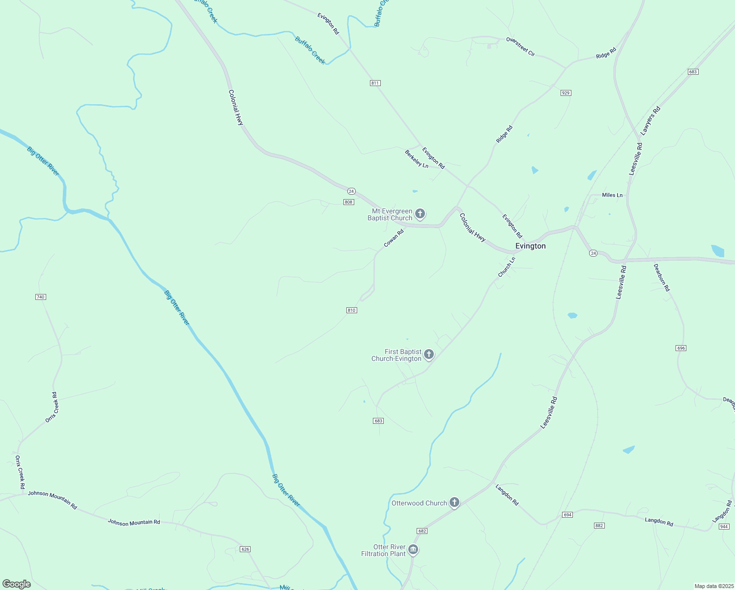 map of restaurants, bars, coffee shops, grocery stores, and more near 414 Cowan Road in Evington