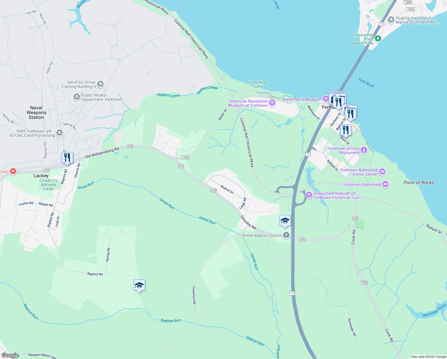 map of restaurants, bars, coffee shops, grocery stores, and more near 406 Leigh Road in Yorktown