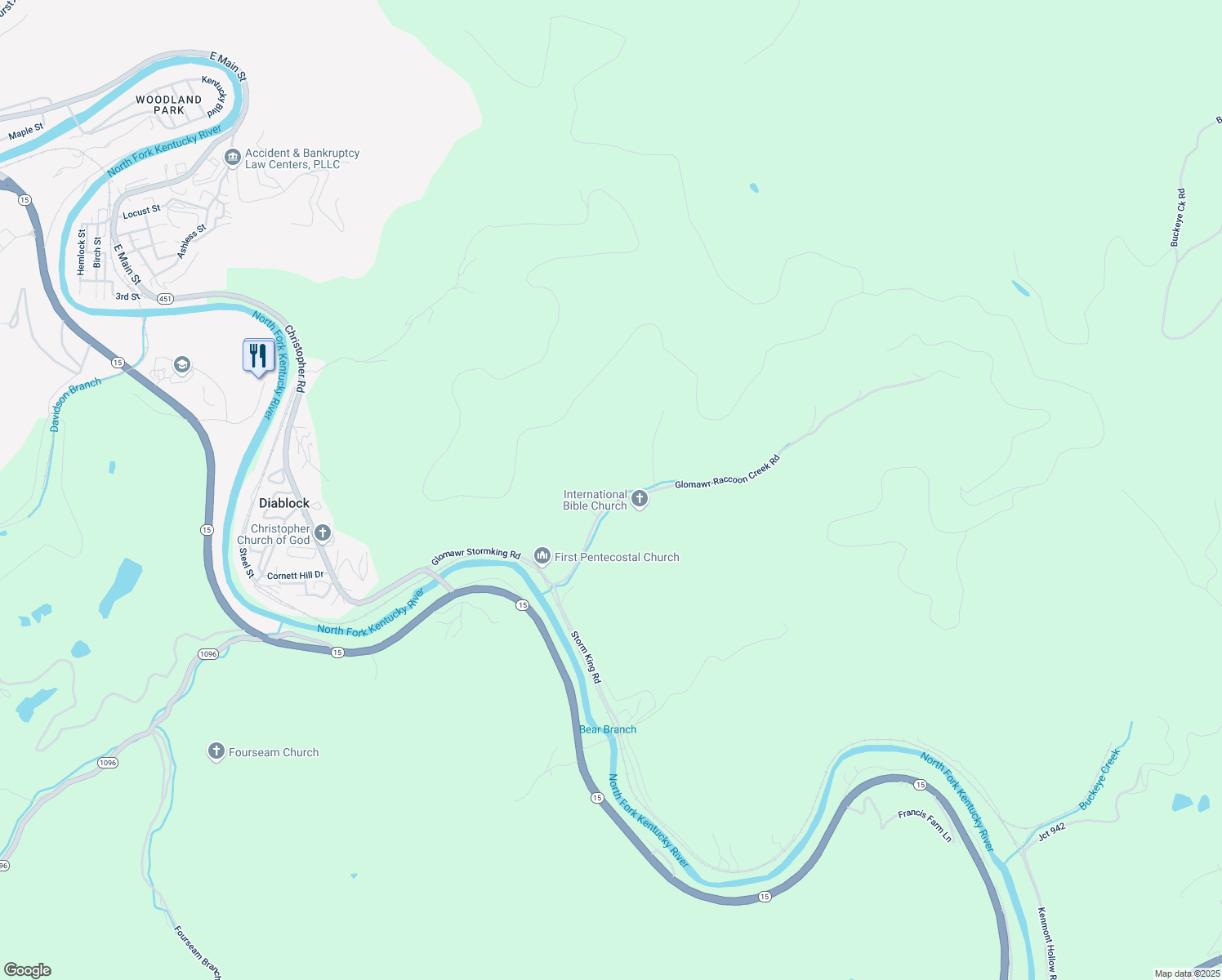map of restaurants, bars, coffee shops, grocery stores, and more near Glomawr-Raccoon Creek Road in Hazard