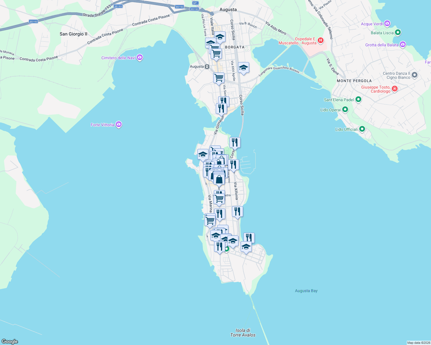 map of restaurants, bars, coffee shops, grocery stores, and more near 126 Via Principe Umberto in Augusta