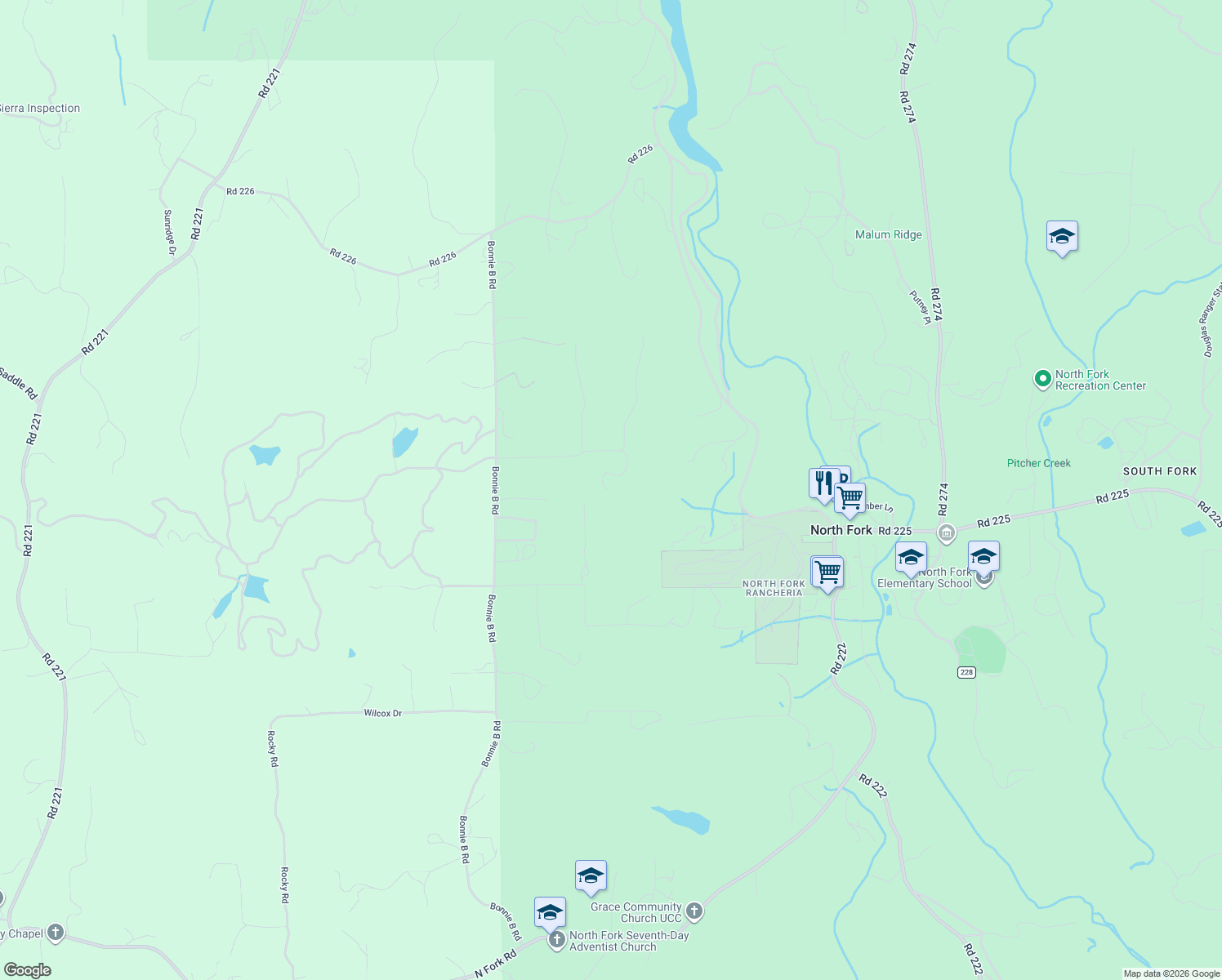 map of restaurants, bars, coffee shops, grocery stores, and more near 56374 Horn Road in North Fork