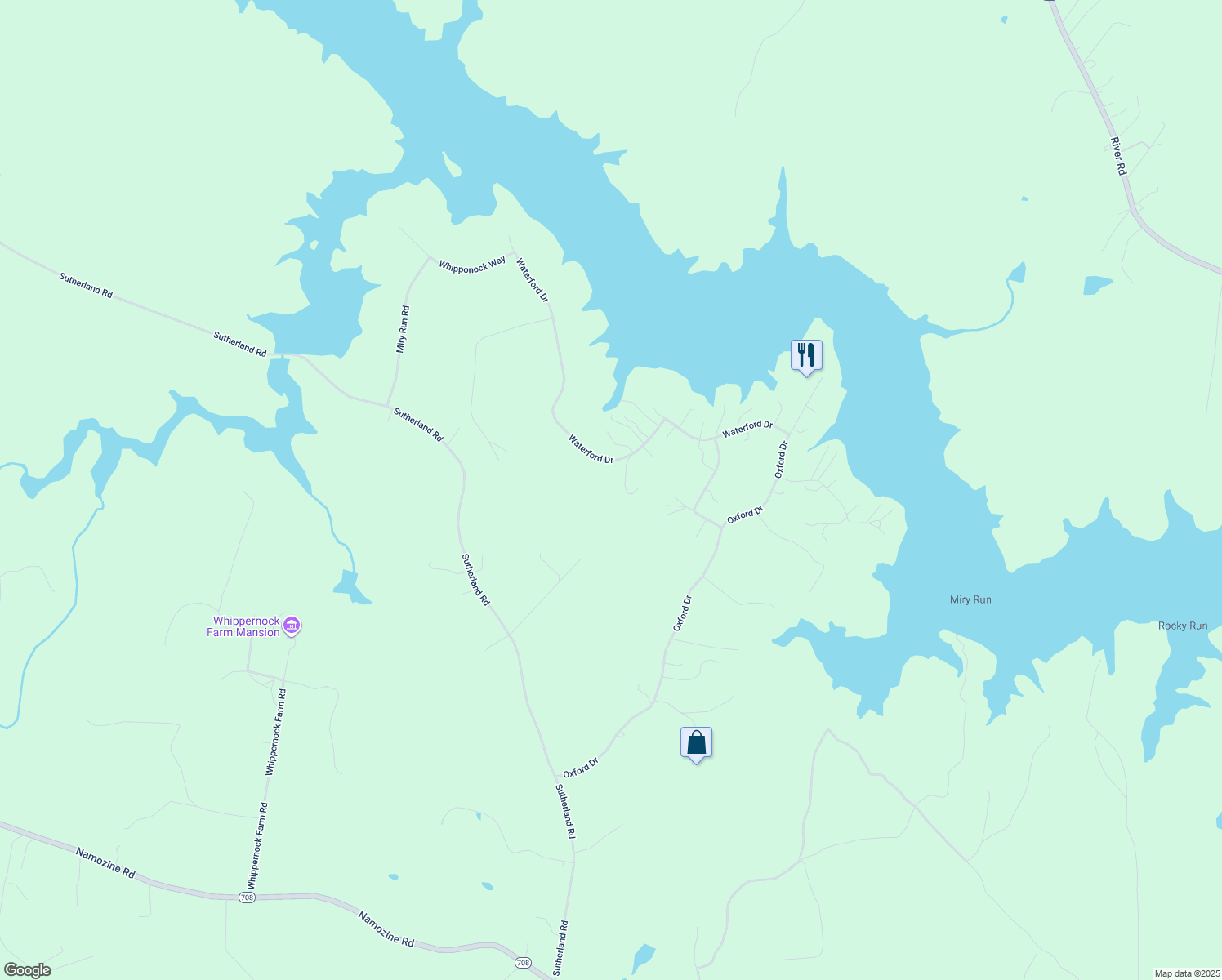 map of restaurants, bars, coffee shops, grocery stores, and more near 18855 Waterford Drive in Sutherland