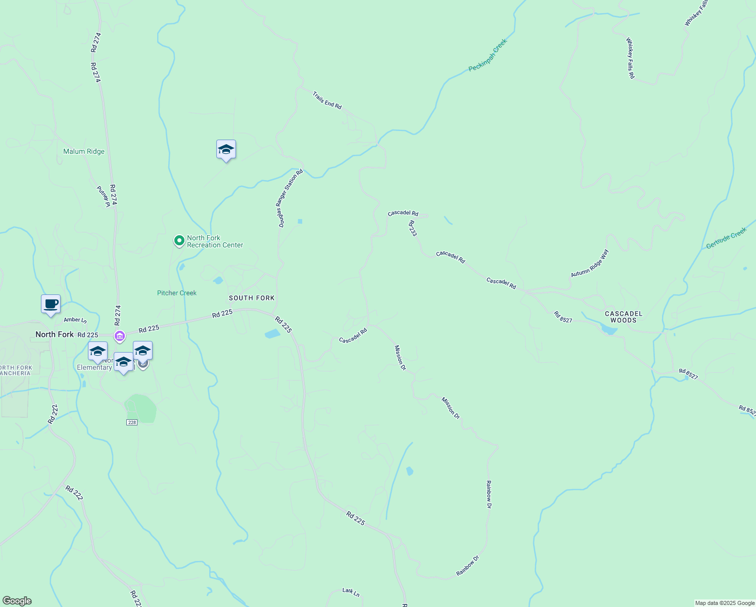 map of restaurants, bars, coffee shops, grocery stores, and more near 33301 Road 233 in North Fork