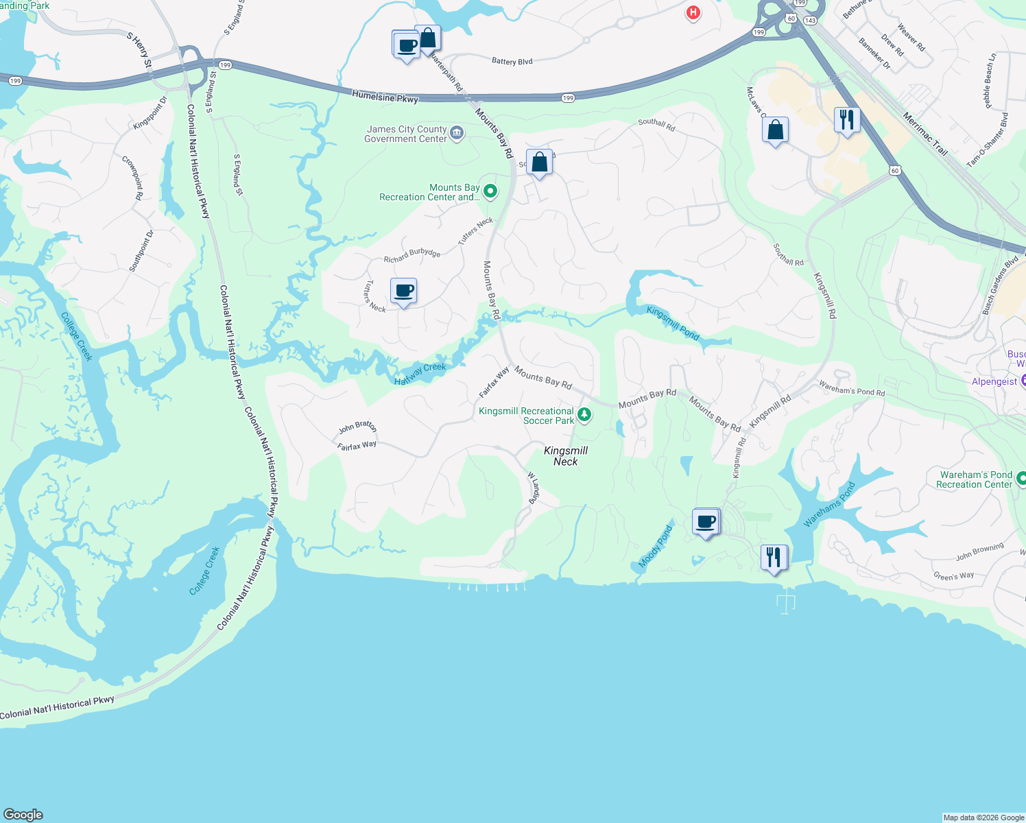 map of restaurants, bars, coffee shops, grocery stores, and more near 125 Roger Smith in Williamsburg