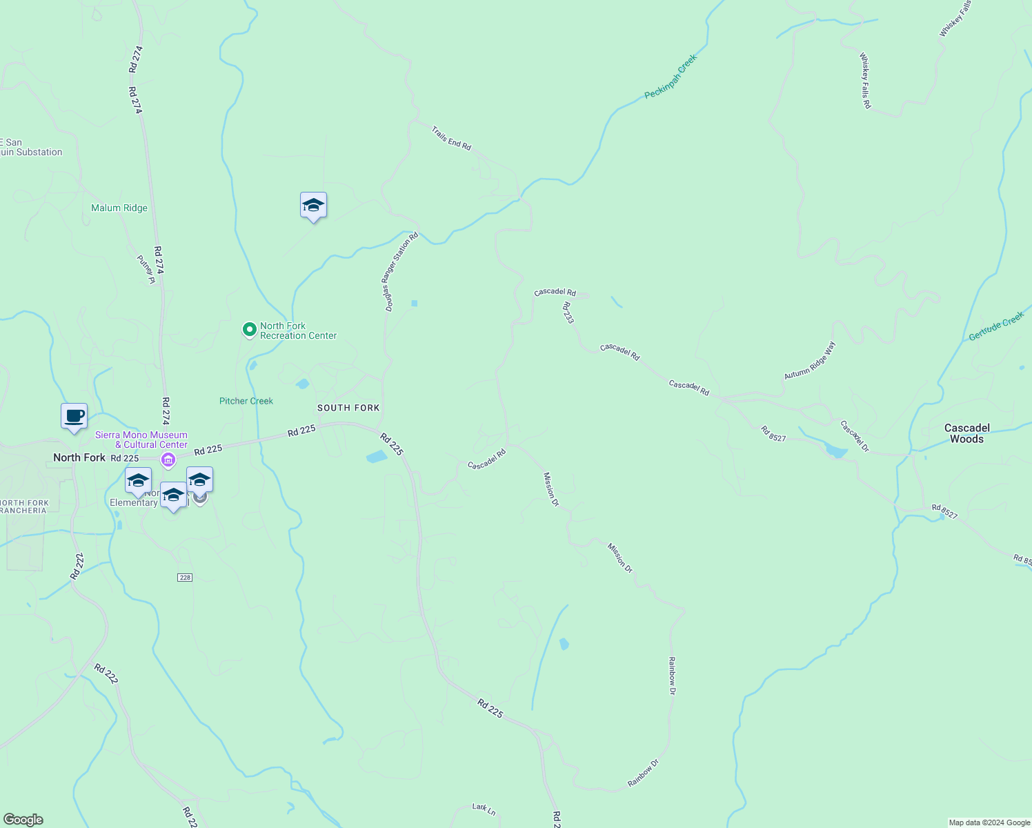 map of restaurants, bars, coffee shops, grocery stores, and more near 33301 Road 233 in North Fork