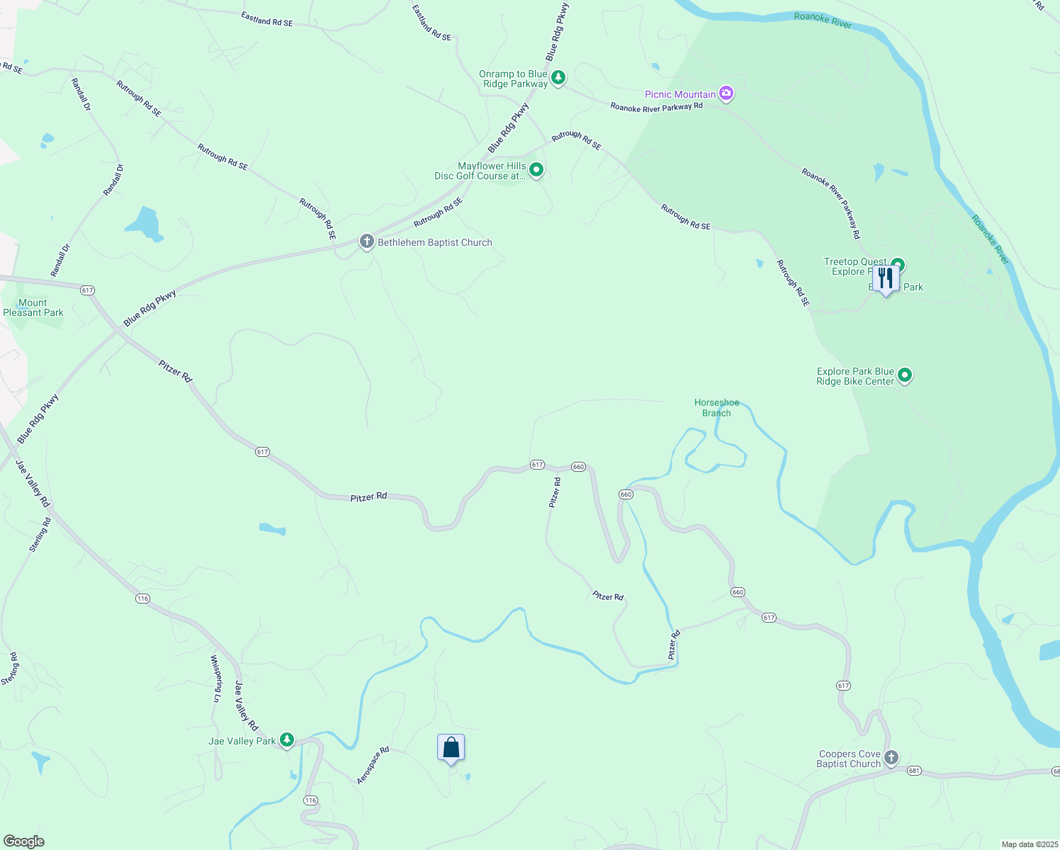 map of restaurants, bars, coffee shops, grocery stores, and more near 4256 Horse Shoe Bend Road in Roanoke