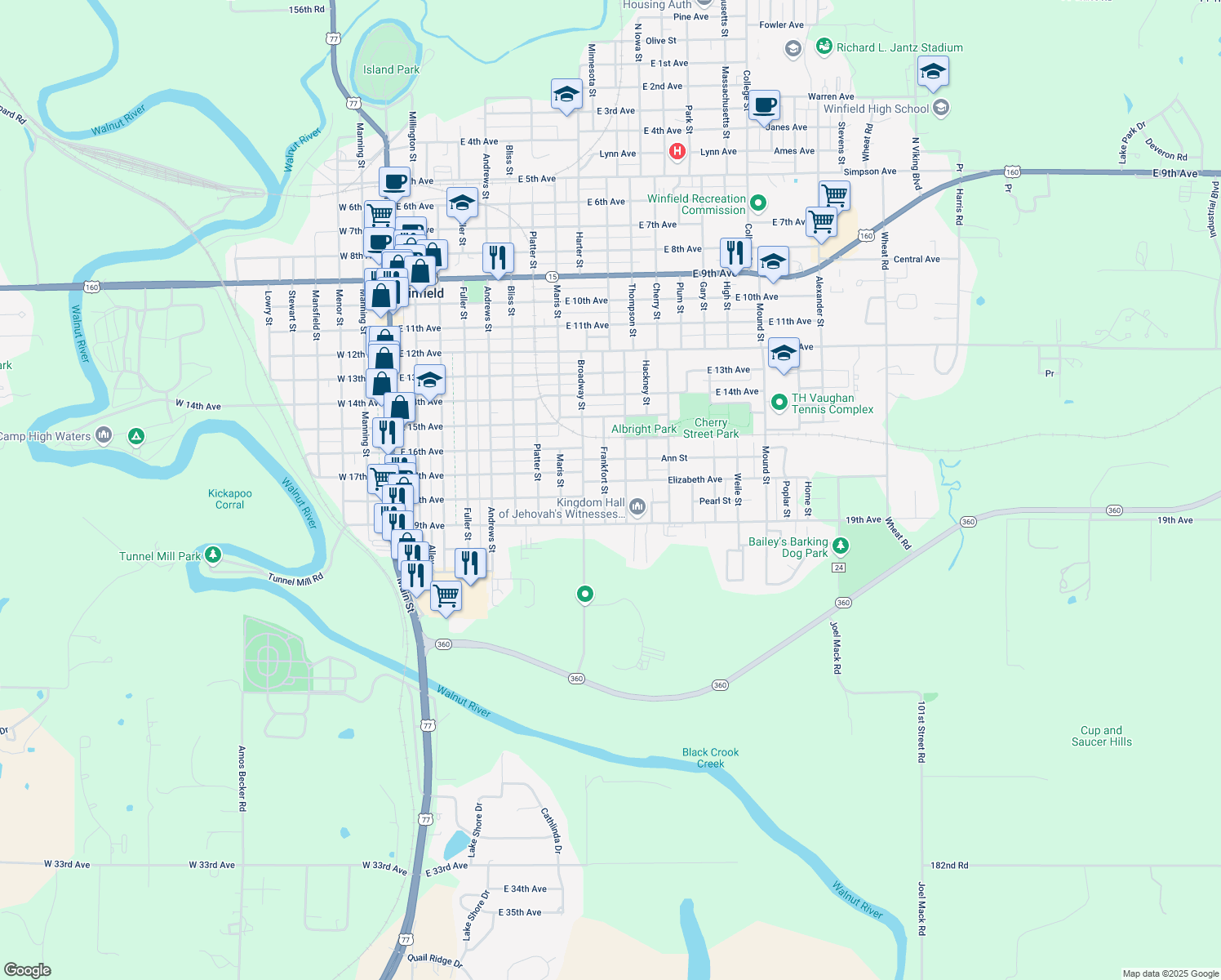 map of restaurants, bars, coffee shops, grocery stores, and more near 1706 Frankfort Street in Winfield