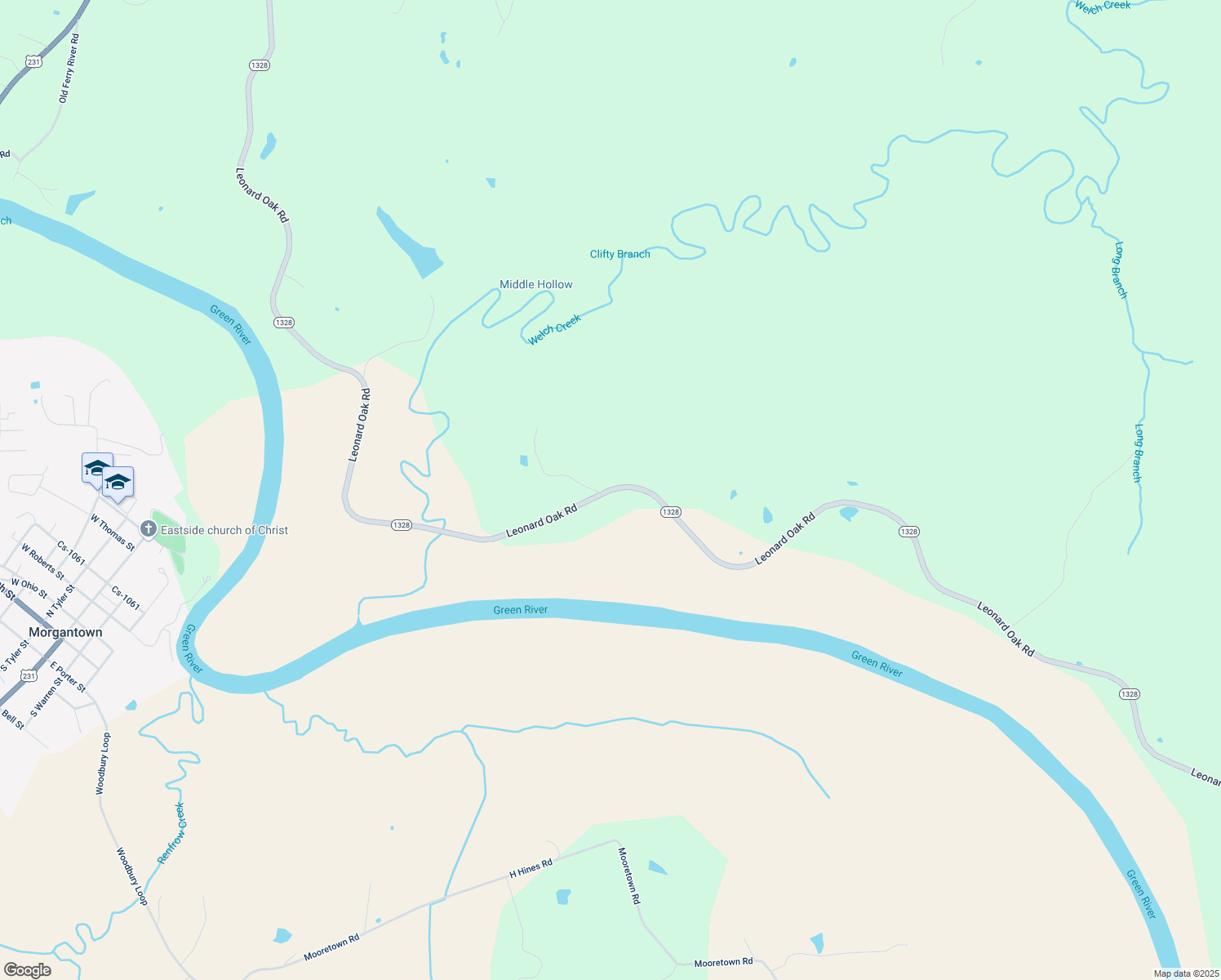 map of restaurants, bars, coffee shops, grocery stores, and more near 3886 Leonard Oak Road in Morgantown