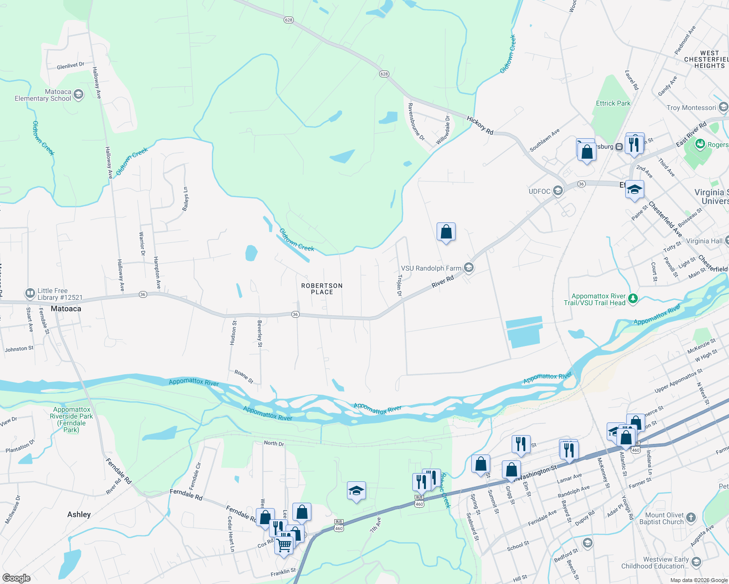 map of restaurants, bars, coffee shops, grocery stores, and more near 21431 Perdue Avenue in Petersburg