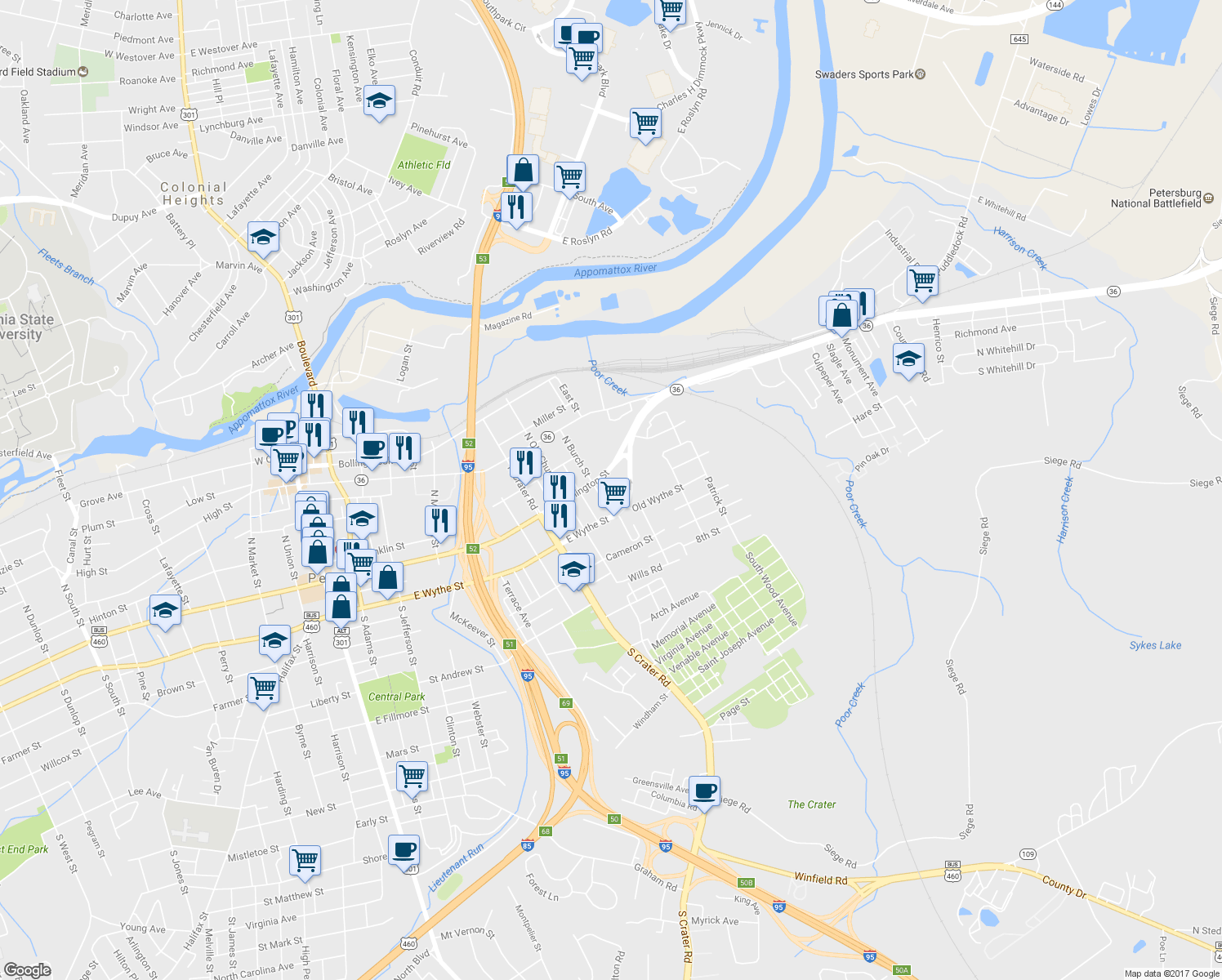 map of restaurants, bars, coffee shops, grocery stores, and more near 16 Eastover Avenue in Petersburg