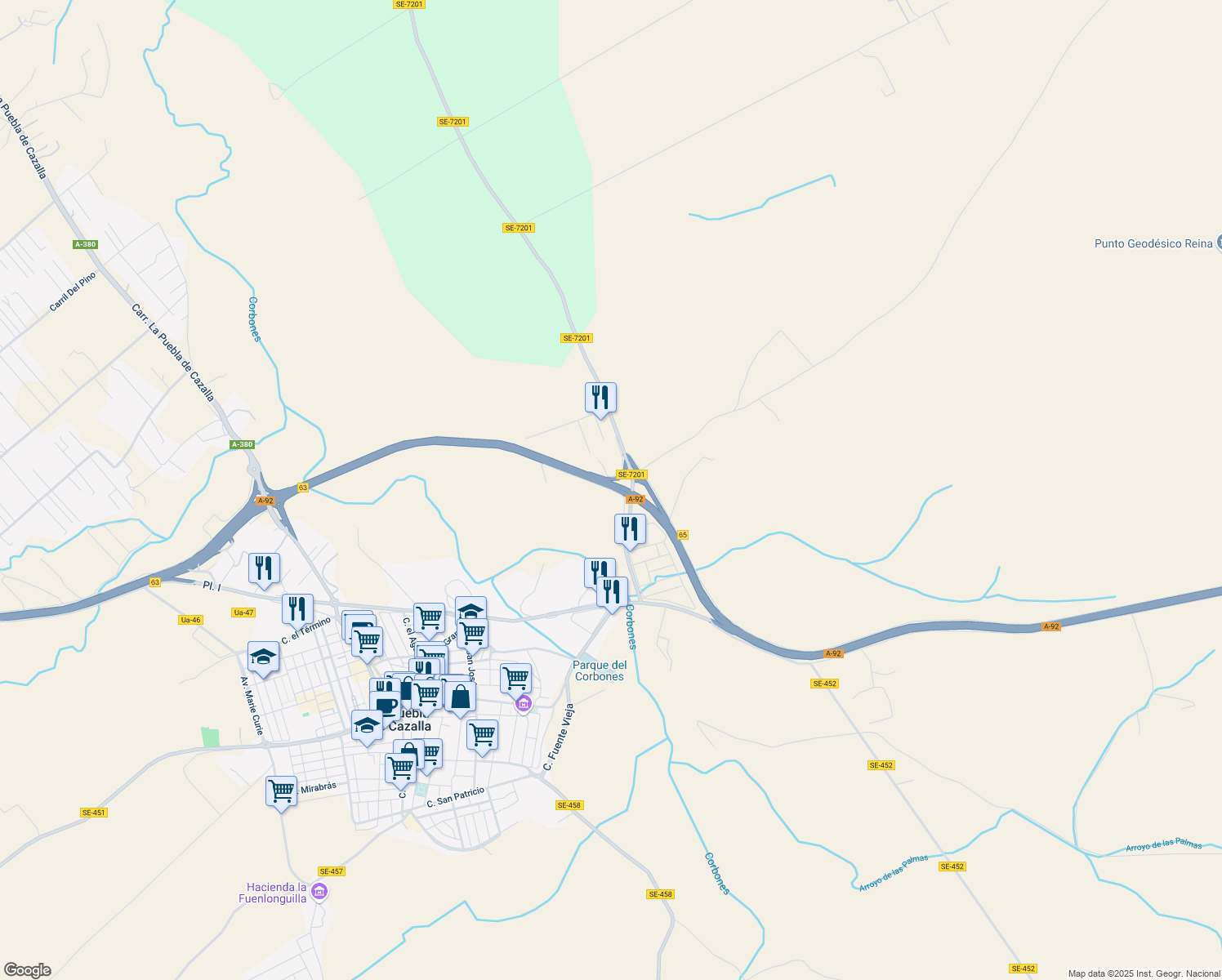 map of restaurants, bars, coffee shops, grocery stores, and more near in La Puebla de Cazalla