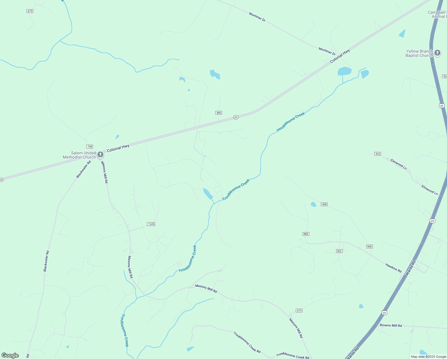 map of restaurants, bars, coffee shops, grocery stores, and more near 610 Two Bid Road in Evington