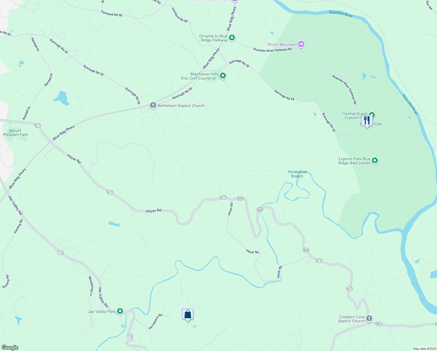 map of restaurants, bars, coffee shops, grocery stores, and more near 4256 Horse Shoe Bend Road in Roanoke
