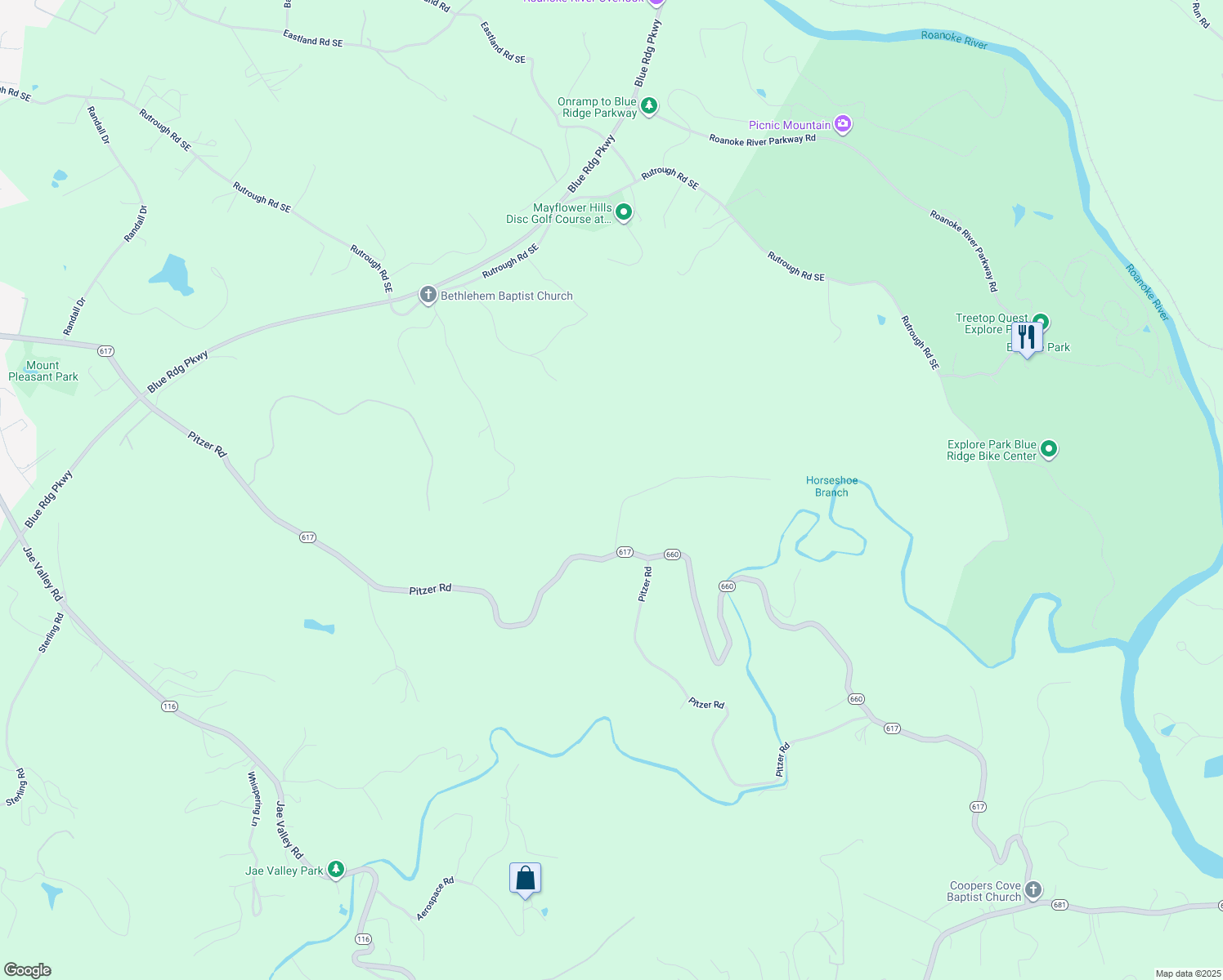 map of restaurants, bars, coffee shops, grocery stores, and more near 4256 Horse Shoe Bend Road in Roanoke