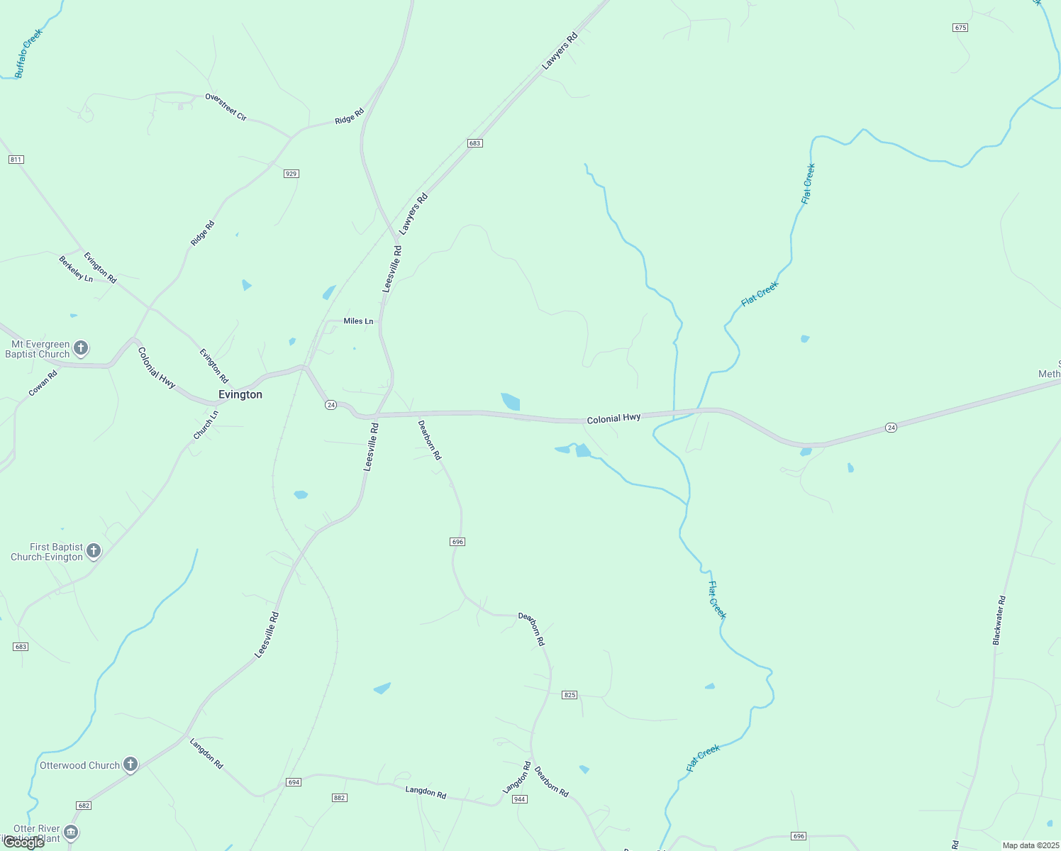 map of restaurants, bars, coffee shops, grocery stores, and more near 9412 Colonial Highway in Evington
