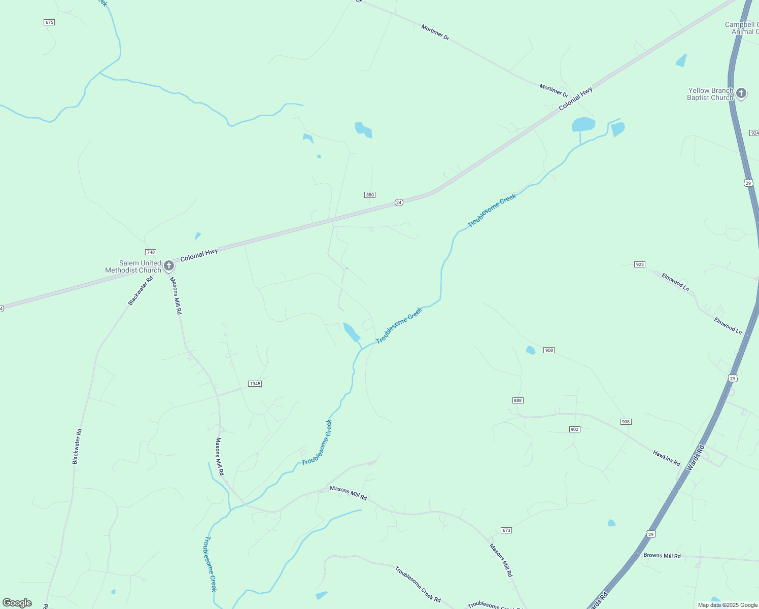 map of restaurants, bars, coffee shops, grocery stores, and more near 610 Two Bid Road in Evington
