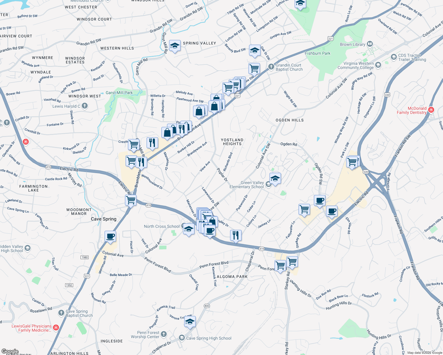 map of restaurants, bars, coffee shops, grocery stores, and more near 3527 Poplar Drive in Roanoke
