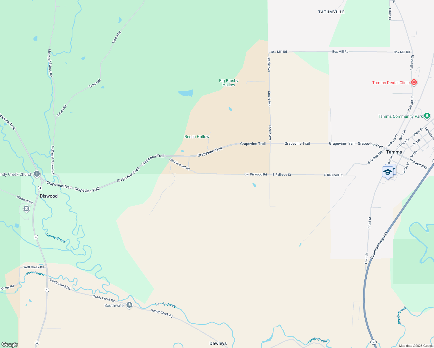 map of restaurants, bars, coffee shops, grocery stores, and more near Old Diswood Road in Tamms