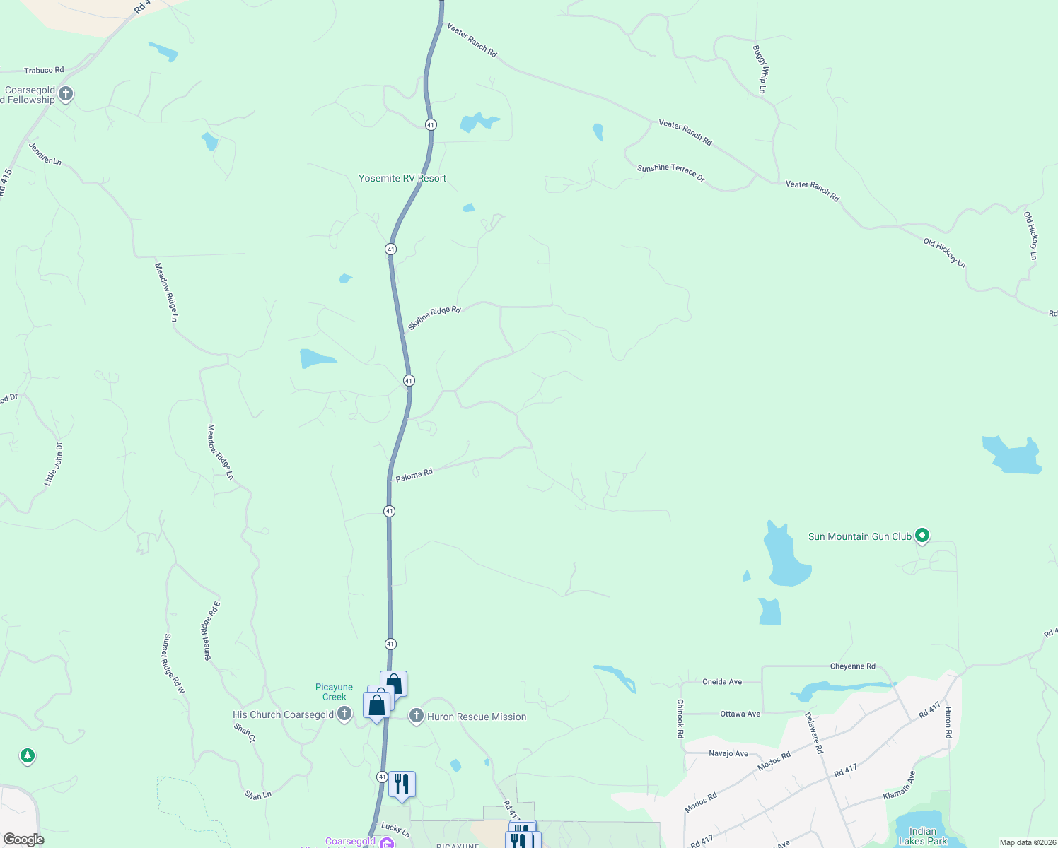 map of restaurants, bars, coffee shops, grocery stores, and more near 46537 Oonay Nation Road in Coarsegold