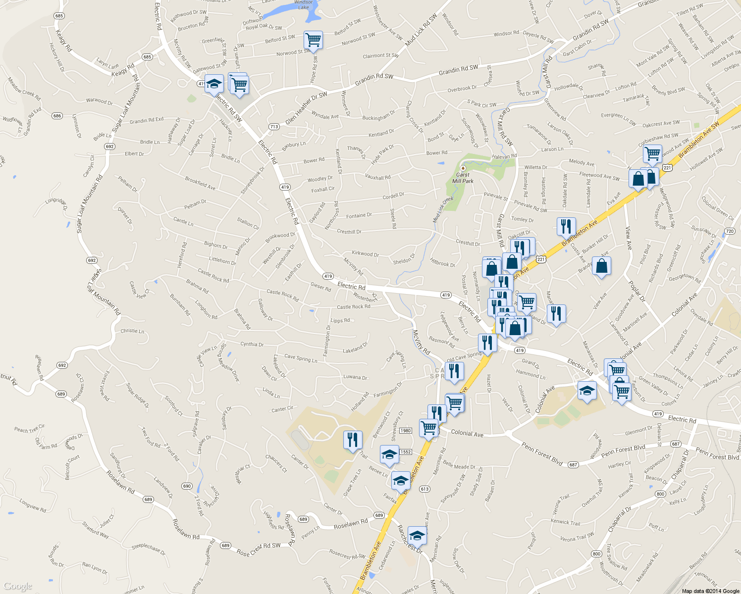 map of restaurants, bars, coffee shops, grocery stores, and more near 2989 Winterberry Drive in Roanoke