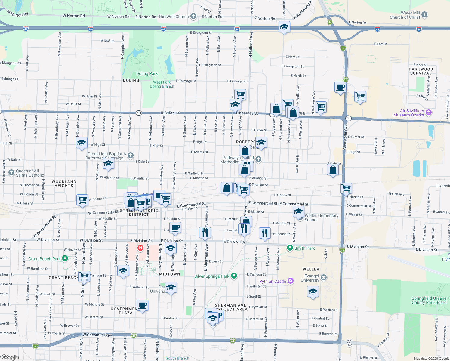map of restaurants, bars, coffee shops, grocery stores, and more near 1038 E Atlantic St in Springfield
