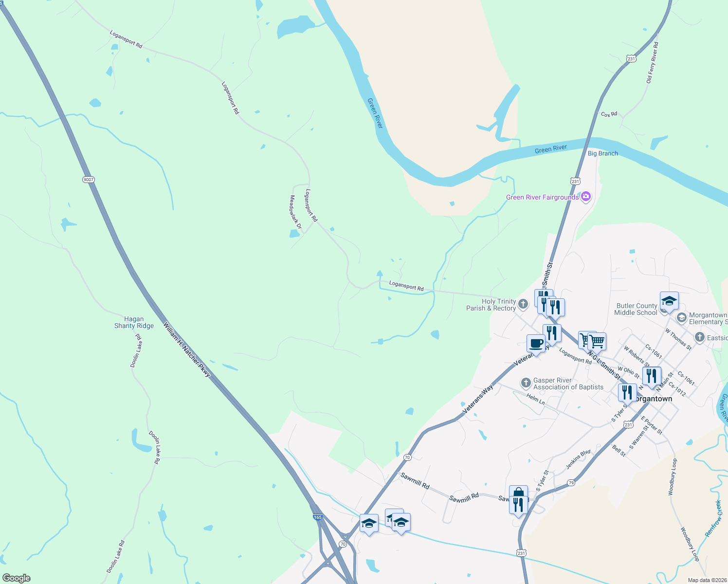 map of restaurants, bars, coffee shops, grocery stores, and more near 1293-1373 Logansport Road in Morgantown