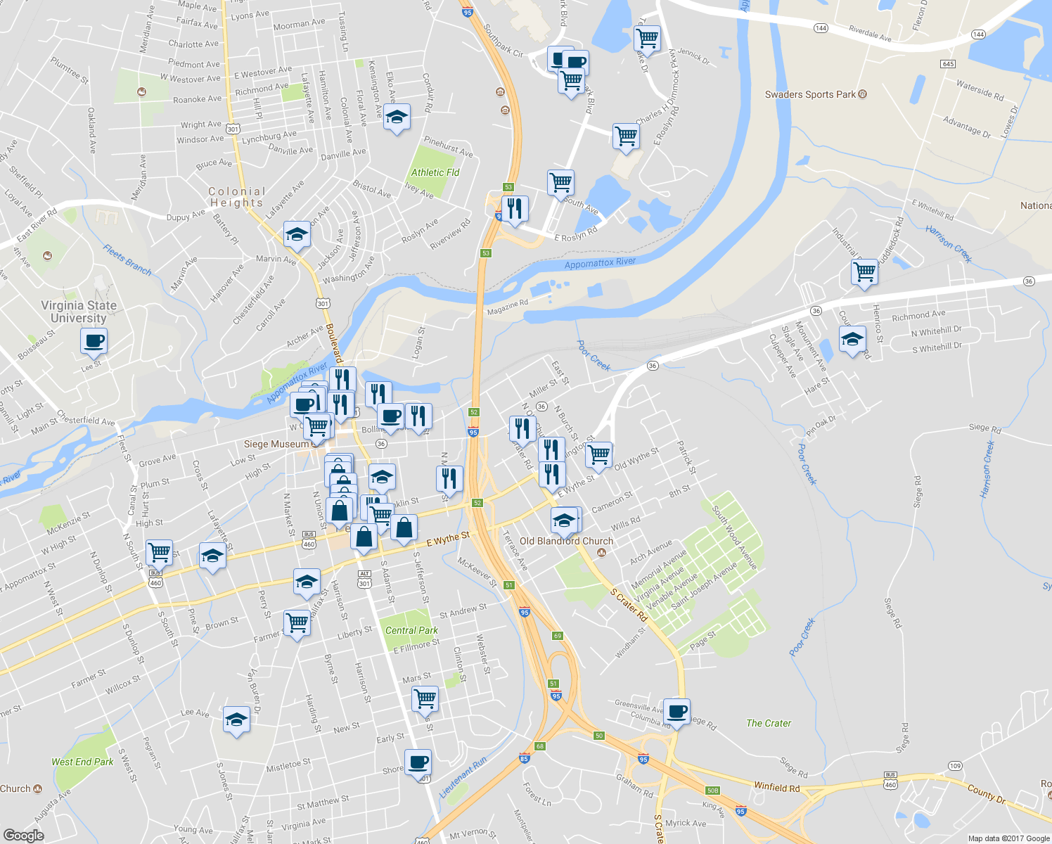map of restaurants, bars, coffee shops, grocery stores, and more near 726 East Bank Street in Petersburg