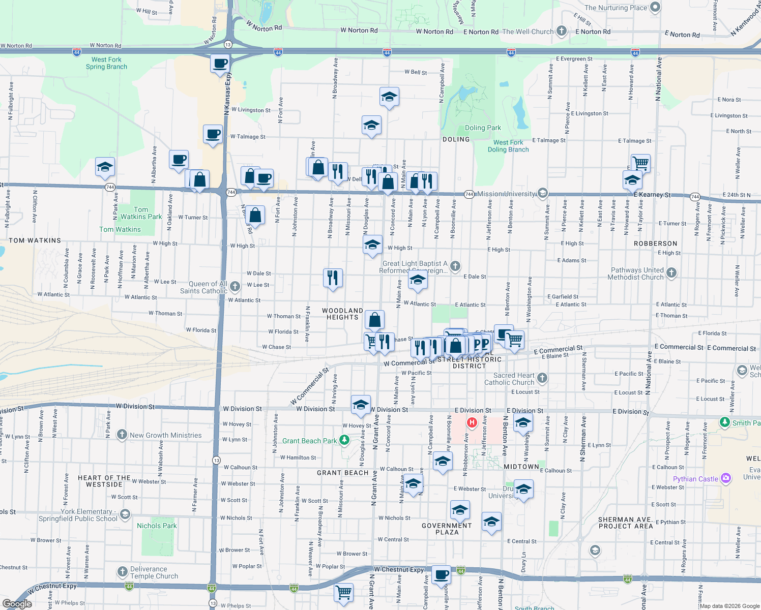 map of restaurants, bars, coffee shops, grocery stores, and more near 1992 North Farm Road 151 in Springfield