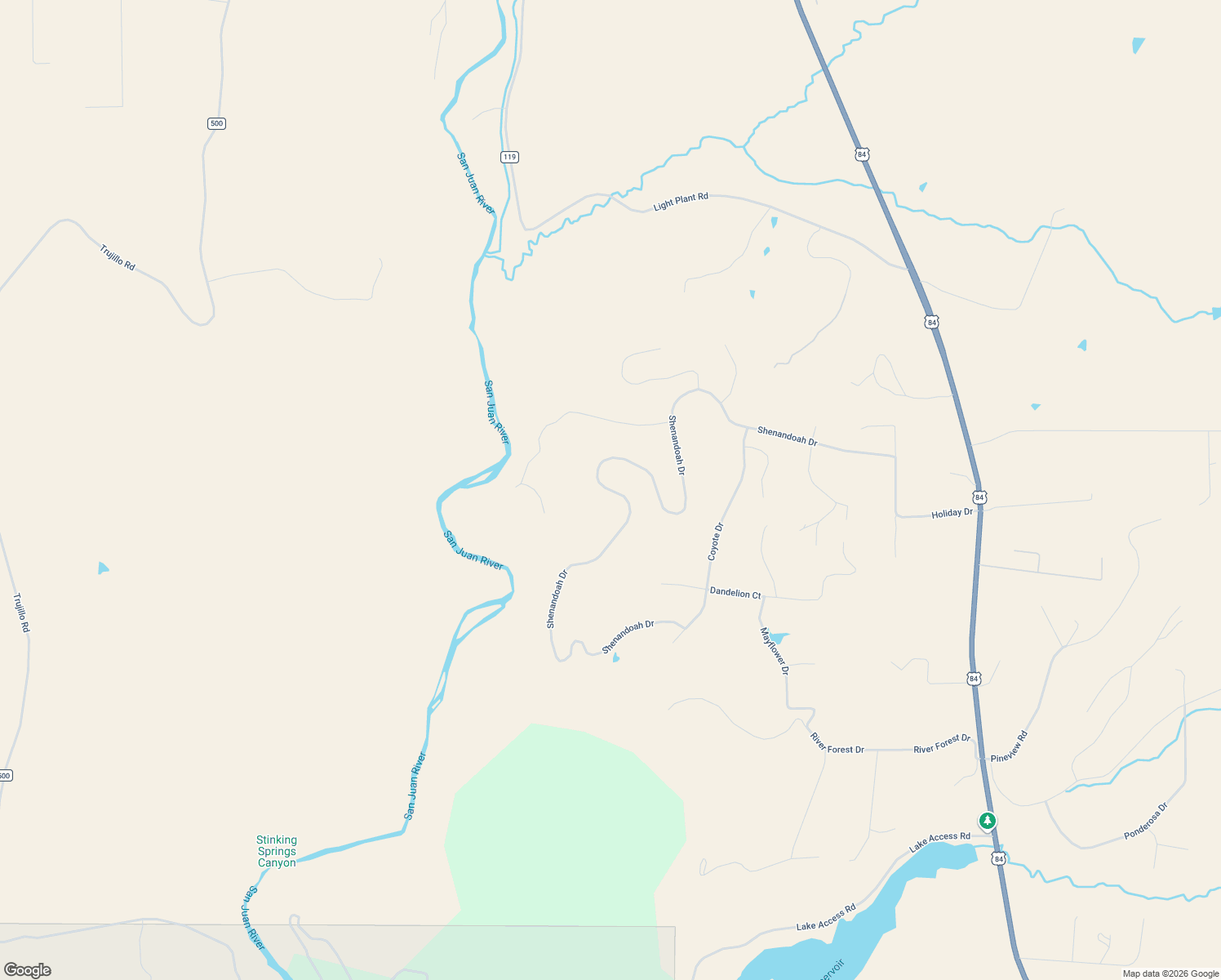 map of restaurants, bars, coffee shops, grocery stores, and more near 1414 Shenandoah Drive in Pagosa Springs