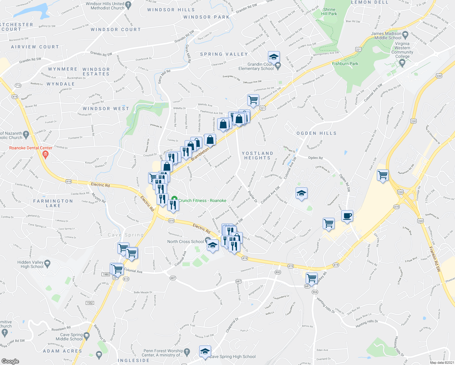 map of restaurants, bars, coffee shops, grocery stores, and more near View Avenue in Roanoke