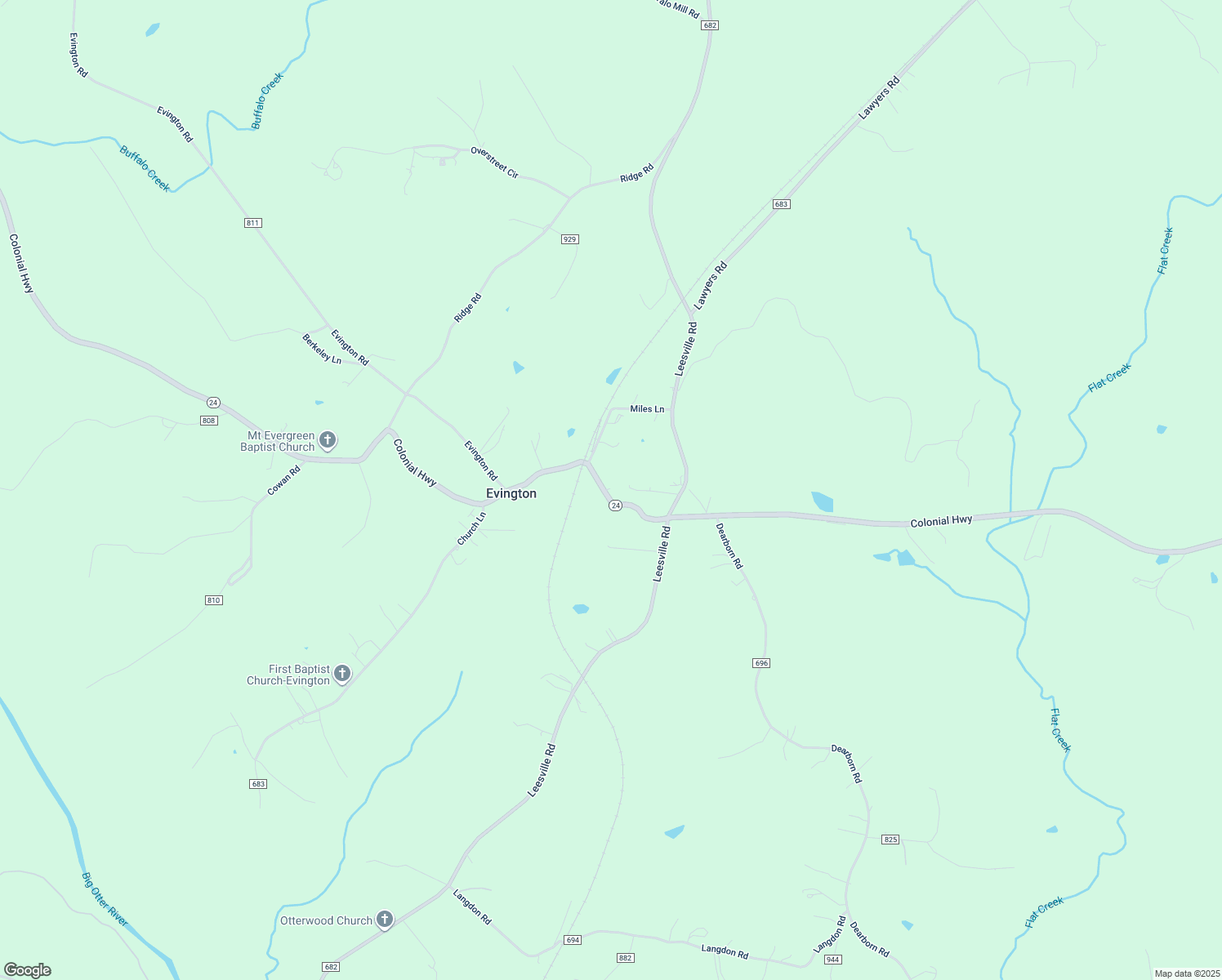 map of restaurants, bars, coffee shops, grocery stores, and more near 10145 Colonial Highway in Evington