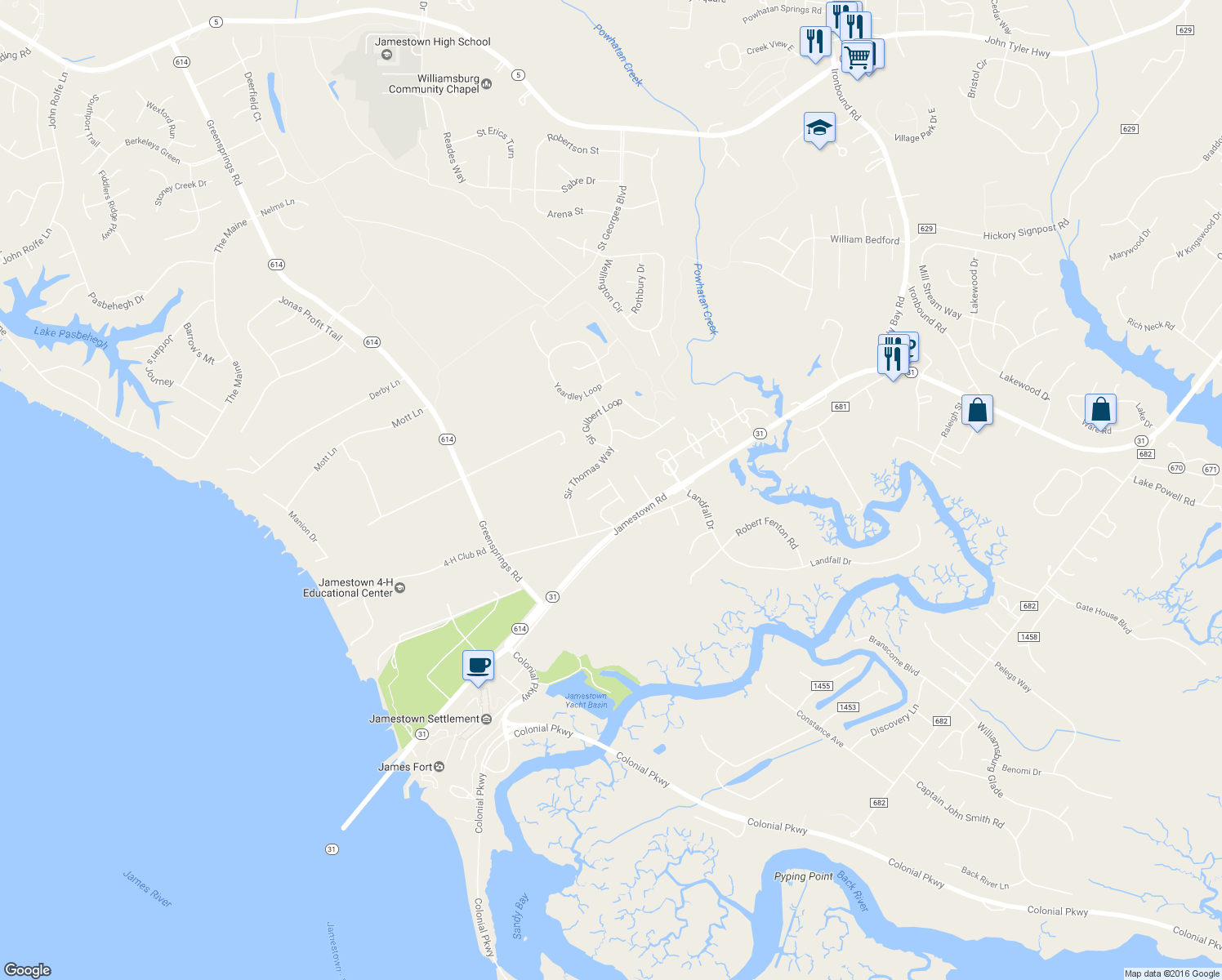 map of restaurants, bars, coffee shops, grocery stores, and more near 2501 Burrows Court in Williamsburg