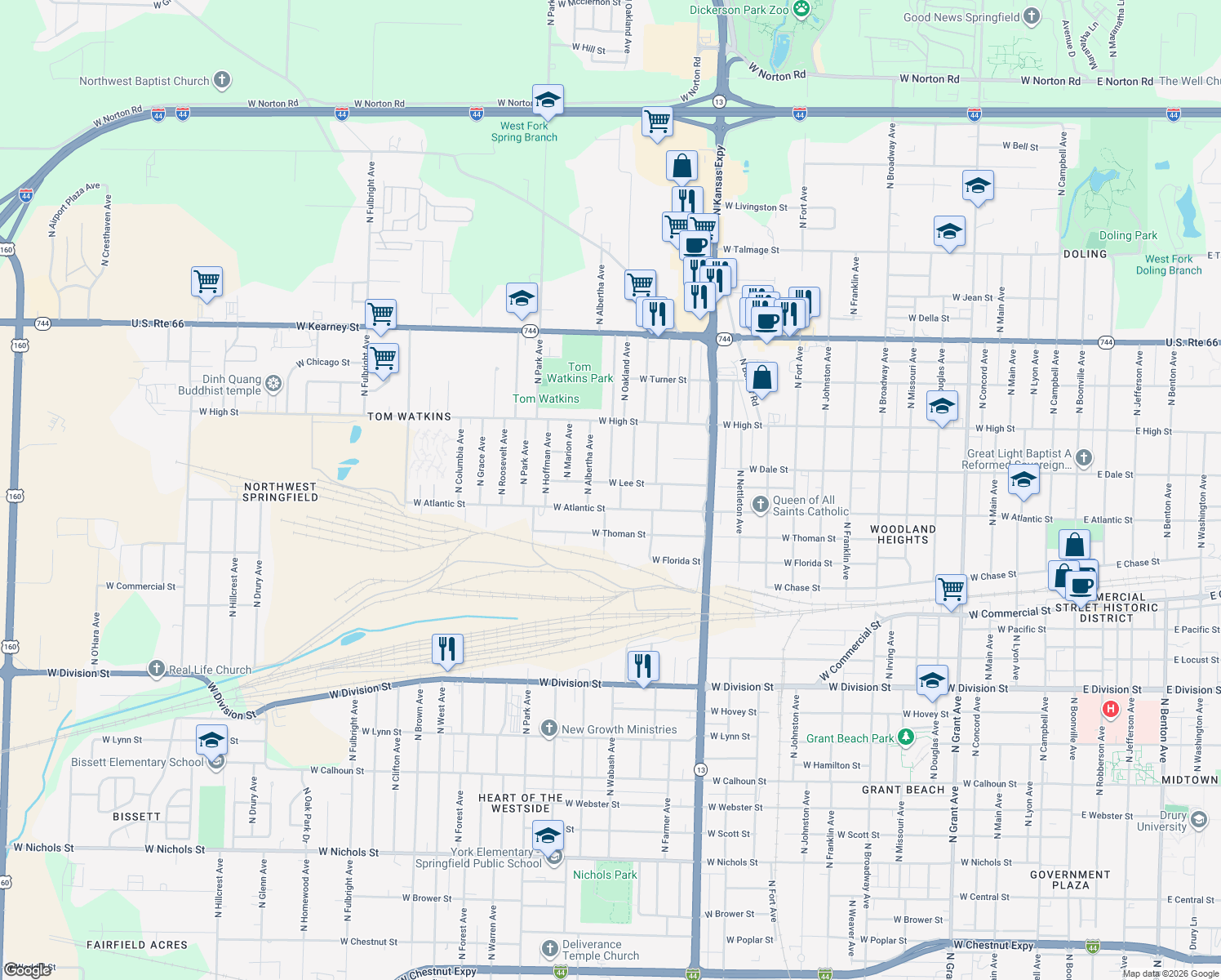 map of restaurants, bars, coffee shops, grocery stores, and more near 1930 West Lee Street in Springfield