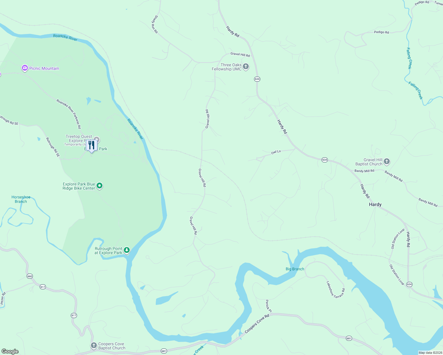 map of restaurants, bars, coffee shops, grocery stores, and more near 108 Mapleridge Court in Vinton