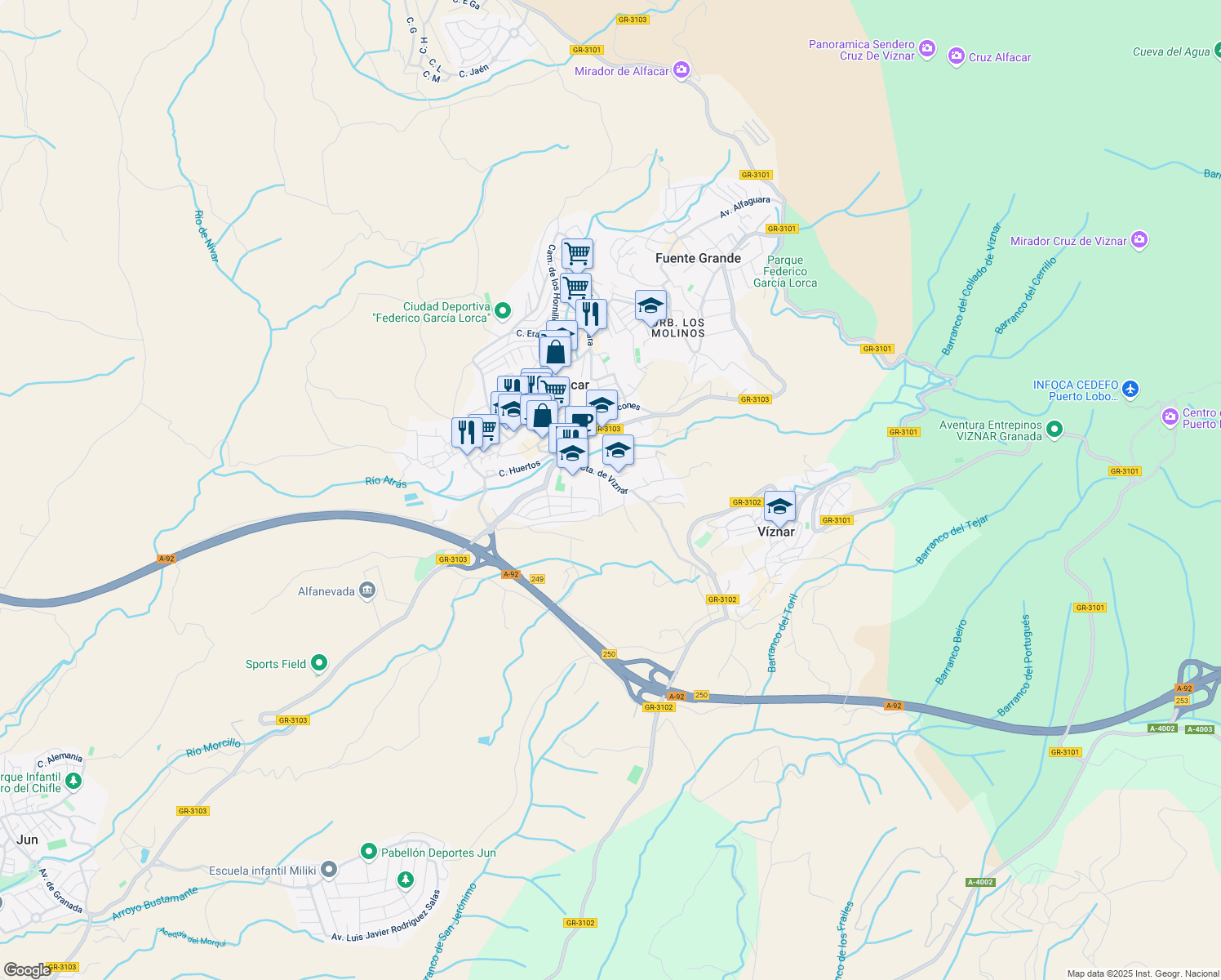map of restaurants, bars, coffee shops, grocery stores, and more near 20 Cuesta de Viznar in Alfacar