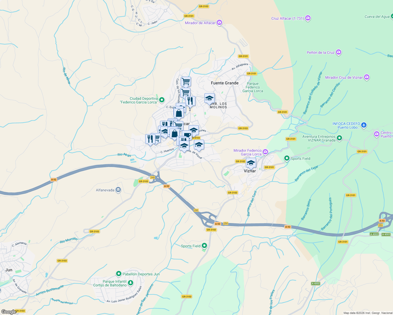 map of restaurants, bars, coffee shops, grocery stores, and more near 20 Cuesta de Viznar in Alfacar