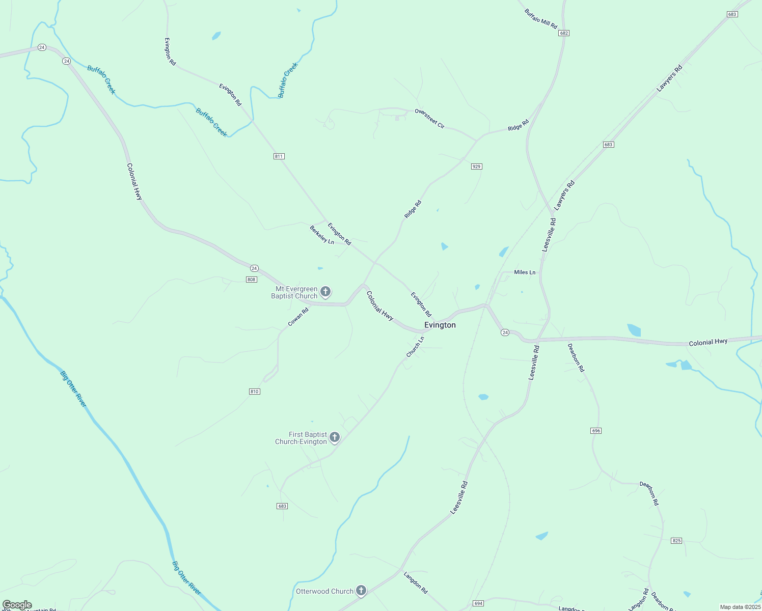 map of restaurants, bars, coffee shops, grocery stores, and more near 10815 Colonial Highway in Evington