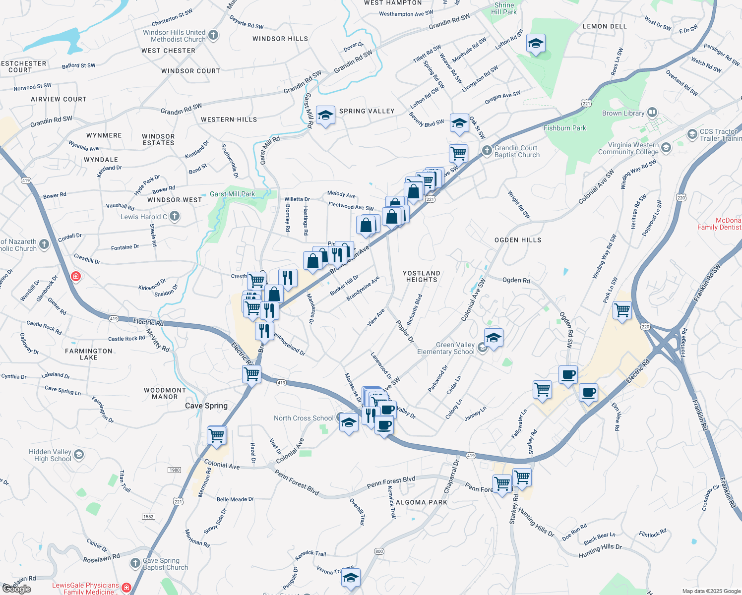 map of restaurants, bars, coffee shops, grocery stores, and more near 3424 Potomac Street in Cave Spring