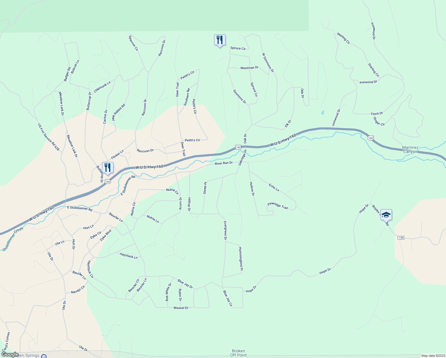 map of restaurants, bars, coffee shops, grocery stores, and more near 0 Evergreen Drive in Pagosa Springs
