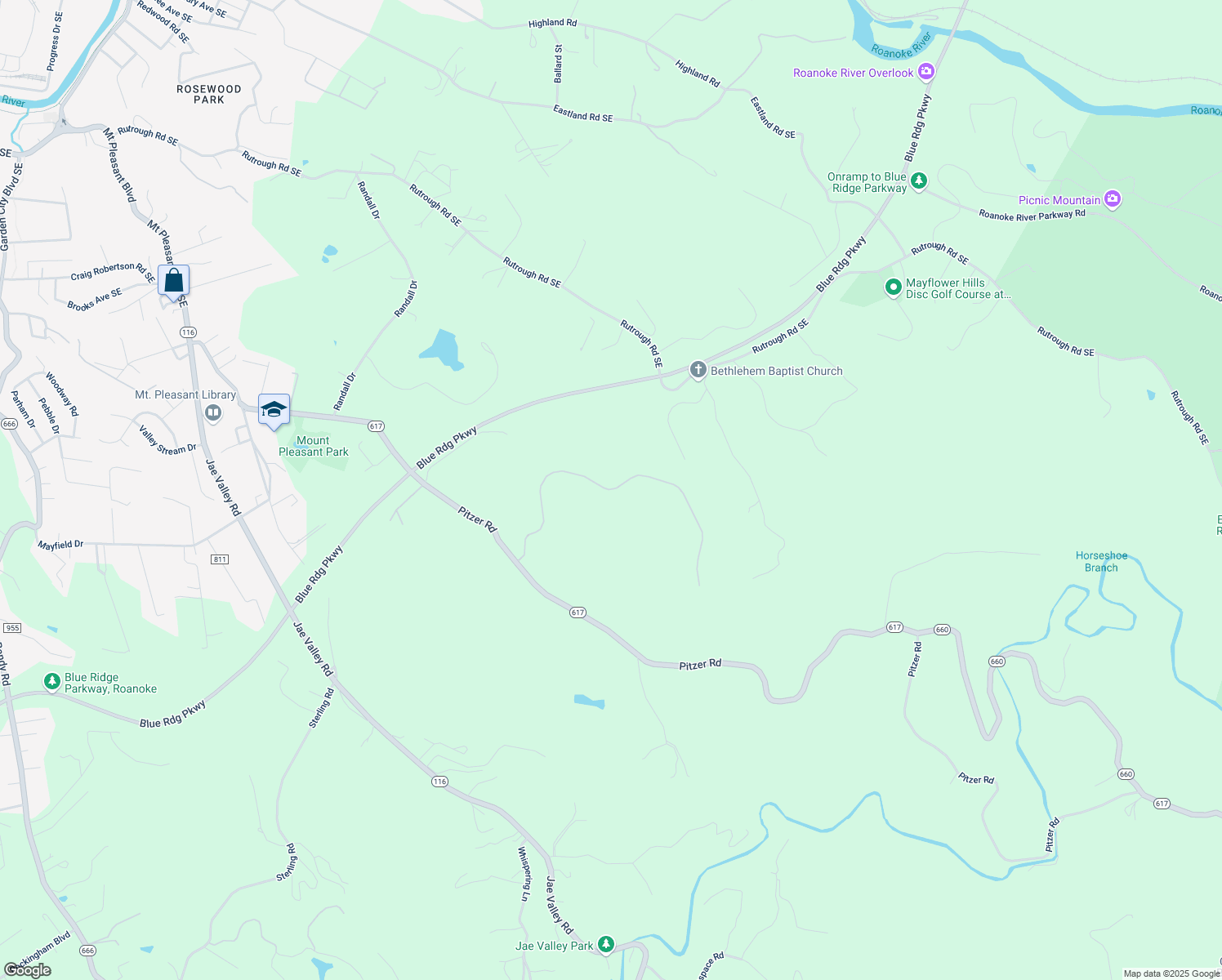 map of restaurants, bars, coffee shops, grocery stores, and more near Ballyhack Trail in Roanoke