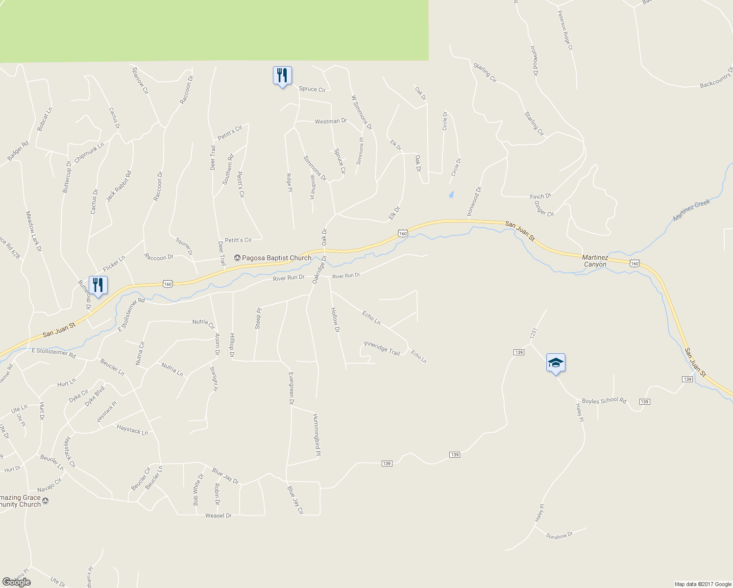 map of restaurants, bars, coffee shops, grocery stores, and more near 476 Summit Trail in Pagosa Springs