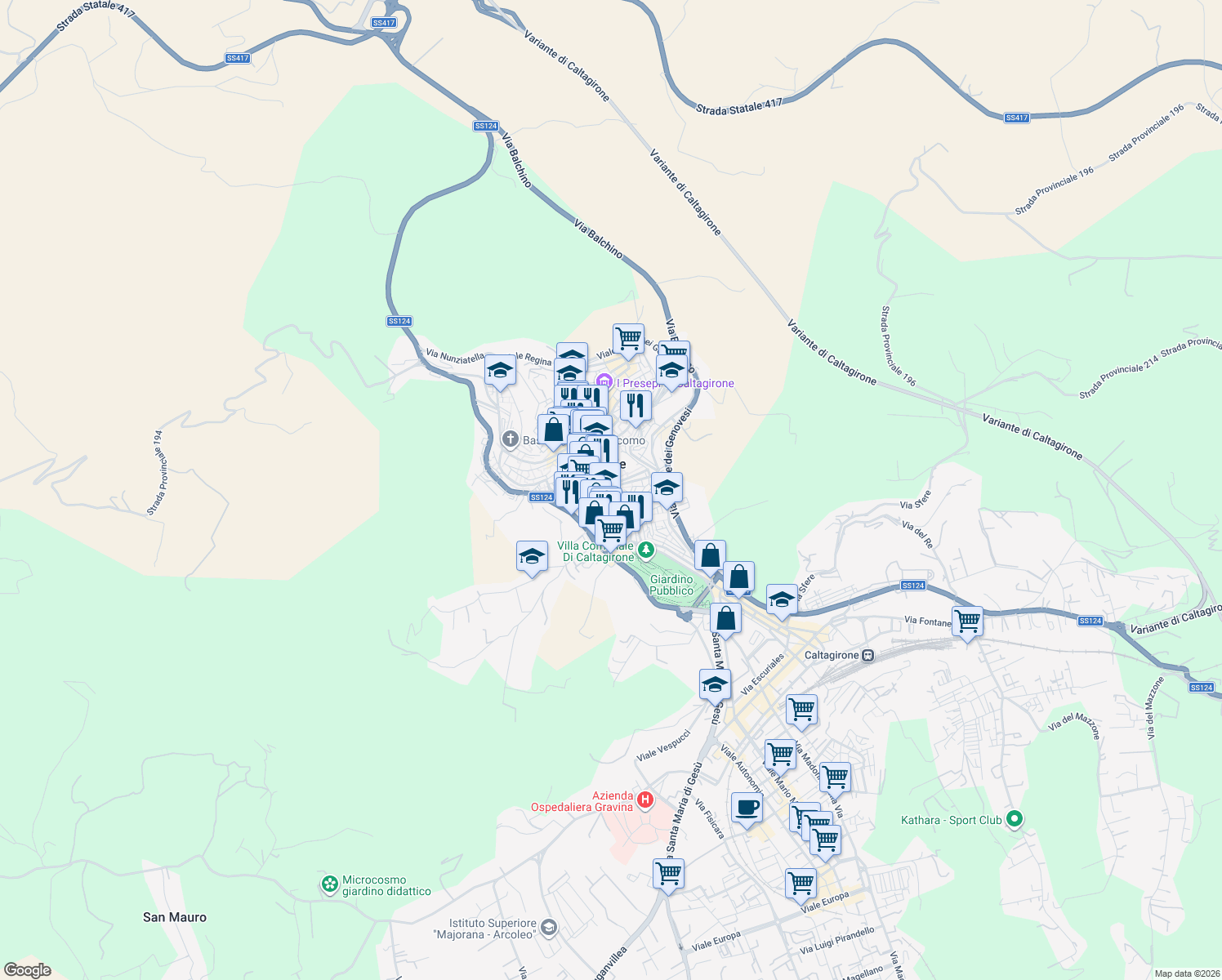 map of restaurants, bars, coffee shops, grocery stores, and more near 12 Ronco San Antonio in Caltagirone